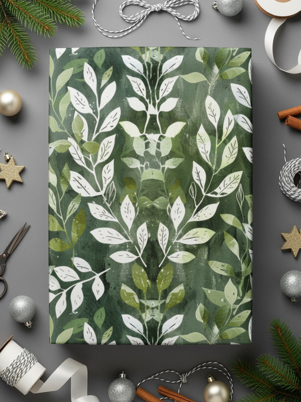 Elegant Green and White Leaf Pattern Wrapping Paper