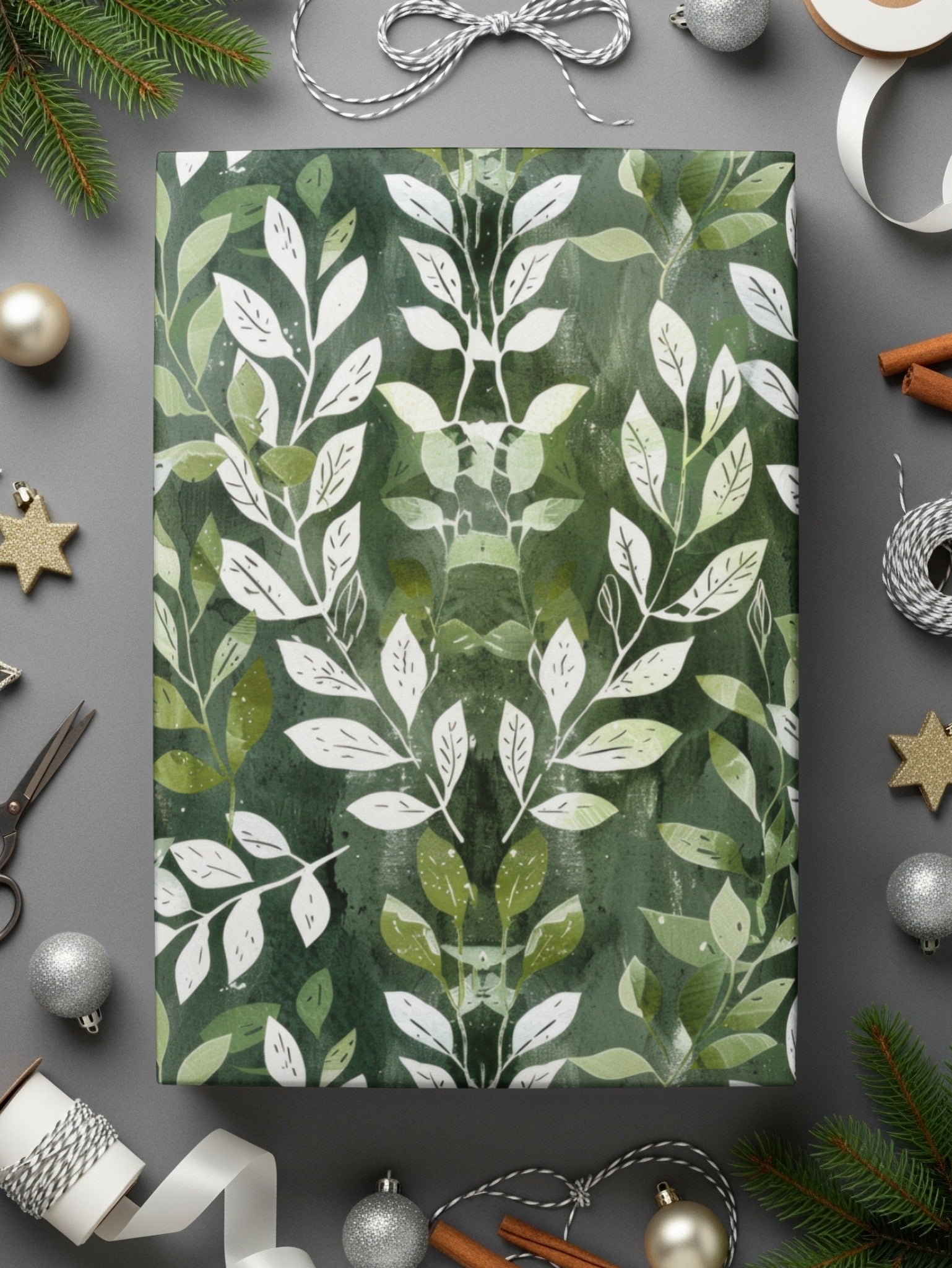 Elegant Green and White Leaf Pattern Wrapping Paper