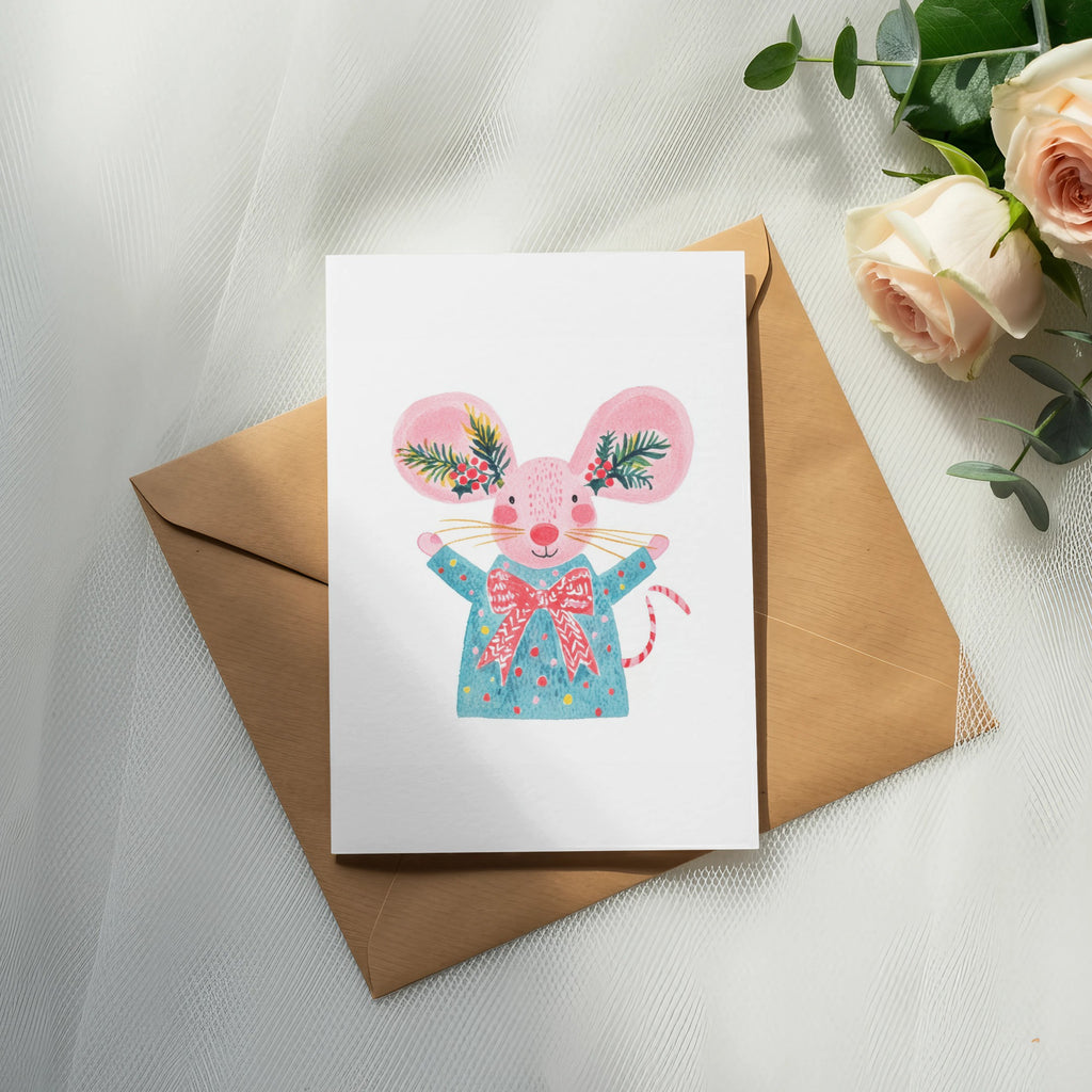 Card with a watercolor mouse in a blue outfit and a brown envelope.
