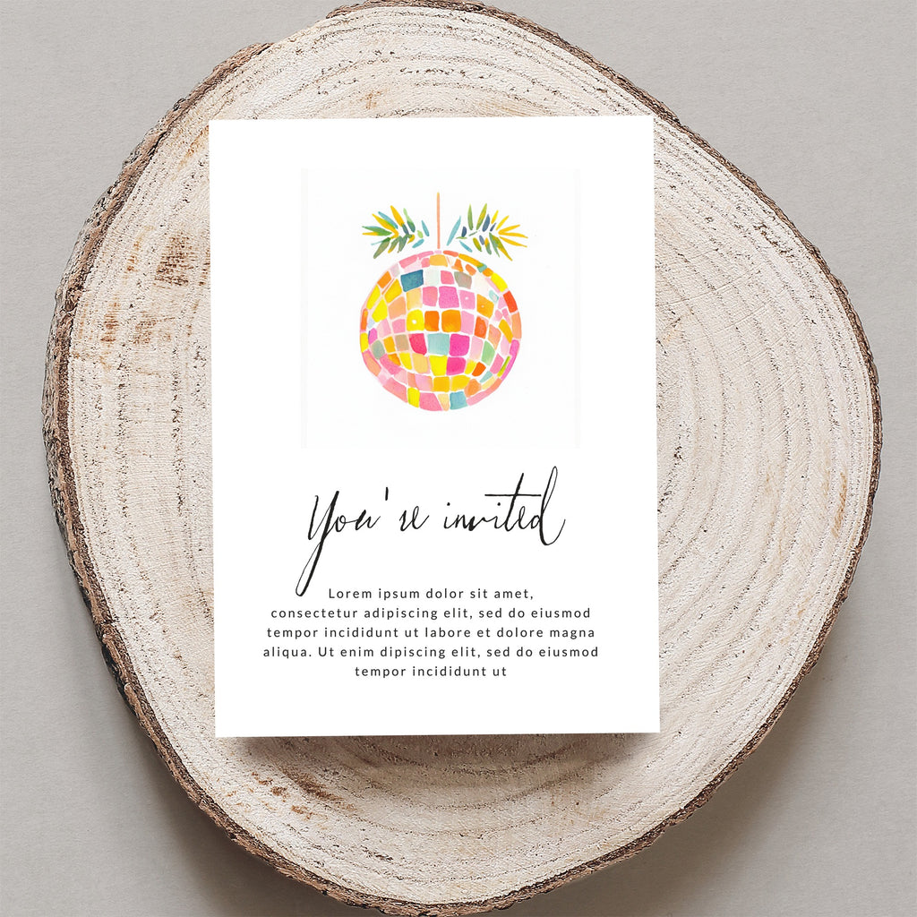 Invitation with "You're invited" text and a colorful disco ball.