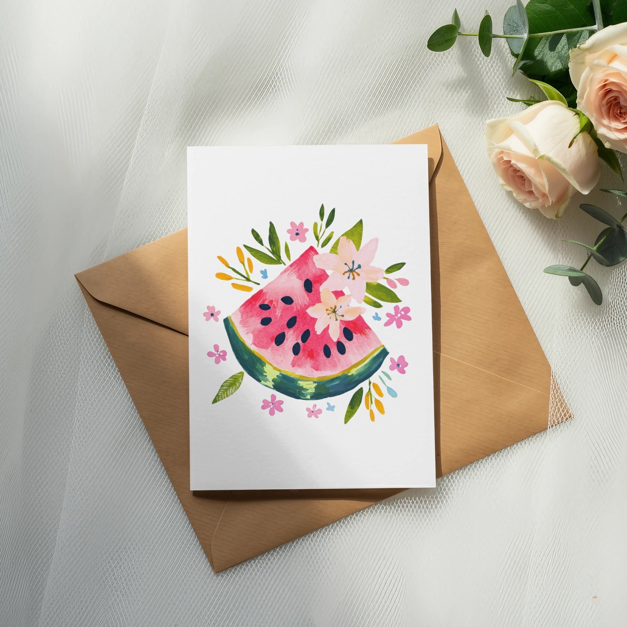 Watercolor illustration of a watermelon slice with flowers on a card.