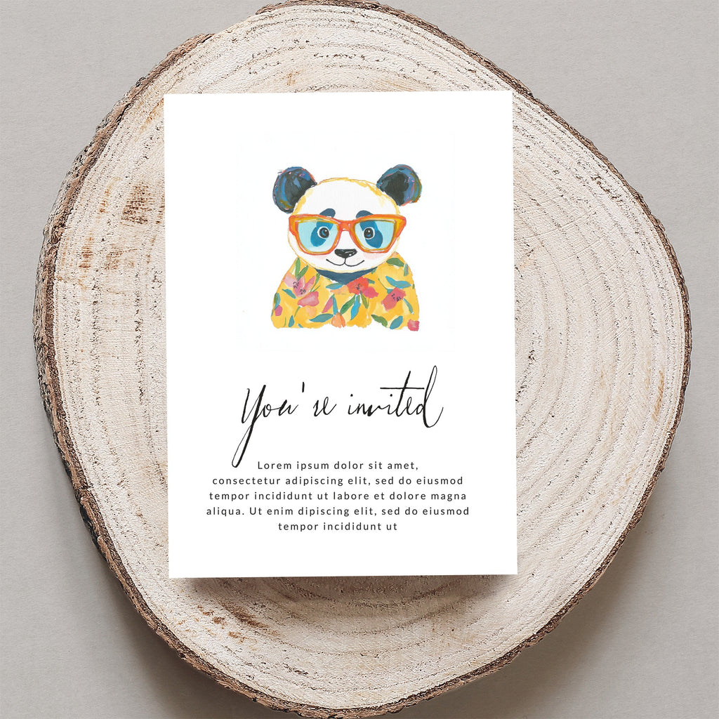 Panda wearing glasses on a "You're invited" card with placeholder text.