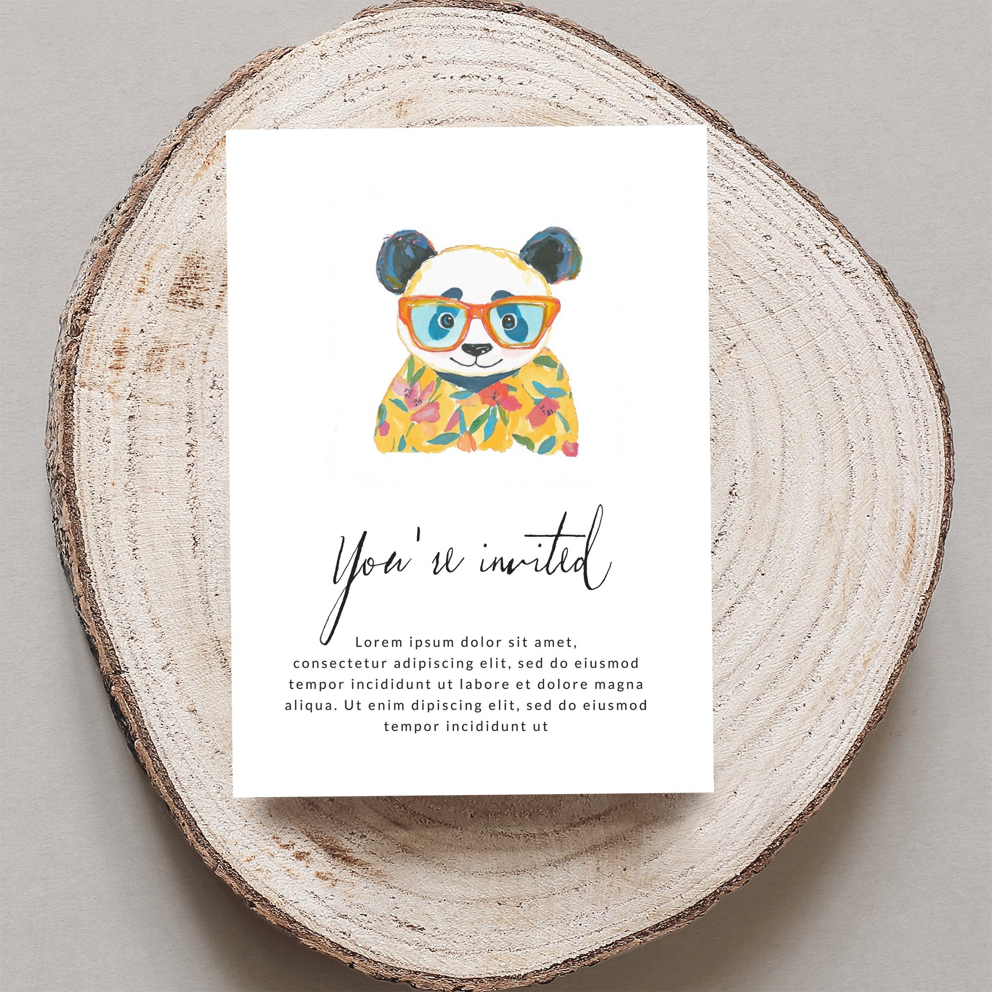 Panda wearing glasses on a "You're invited" card with placeholder text.