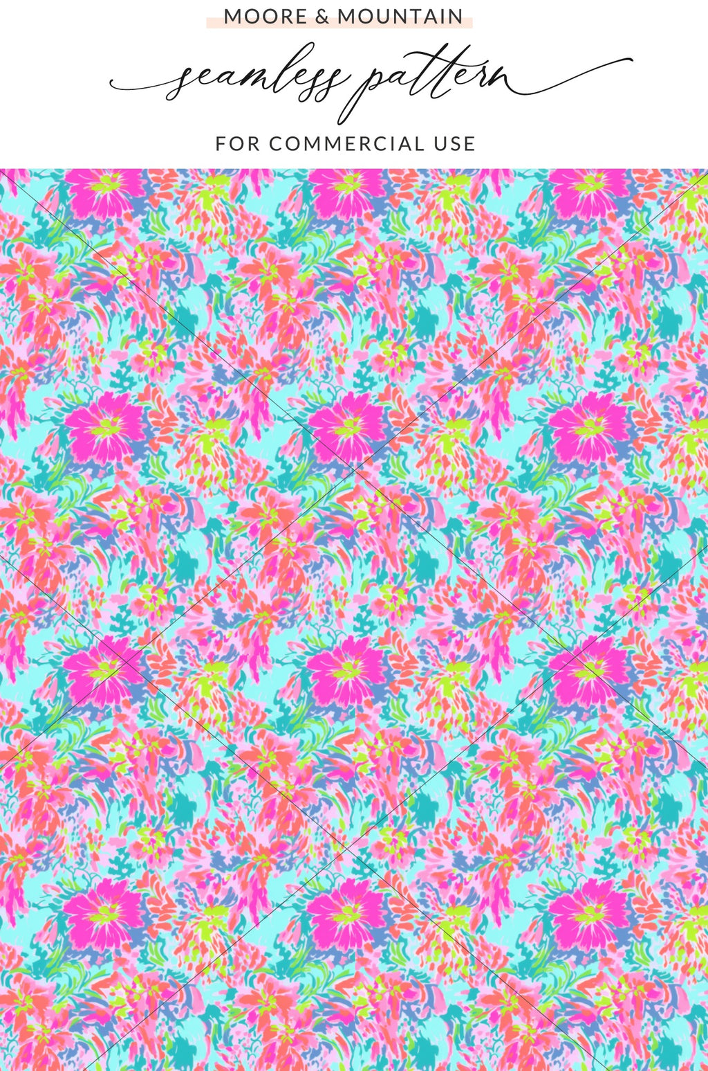 Bright floral pattern with pink, blue, and green flowers on a turquoise background.