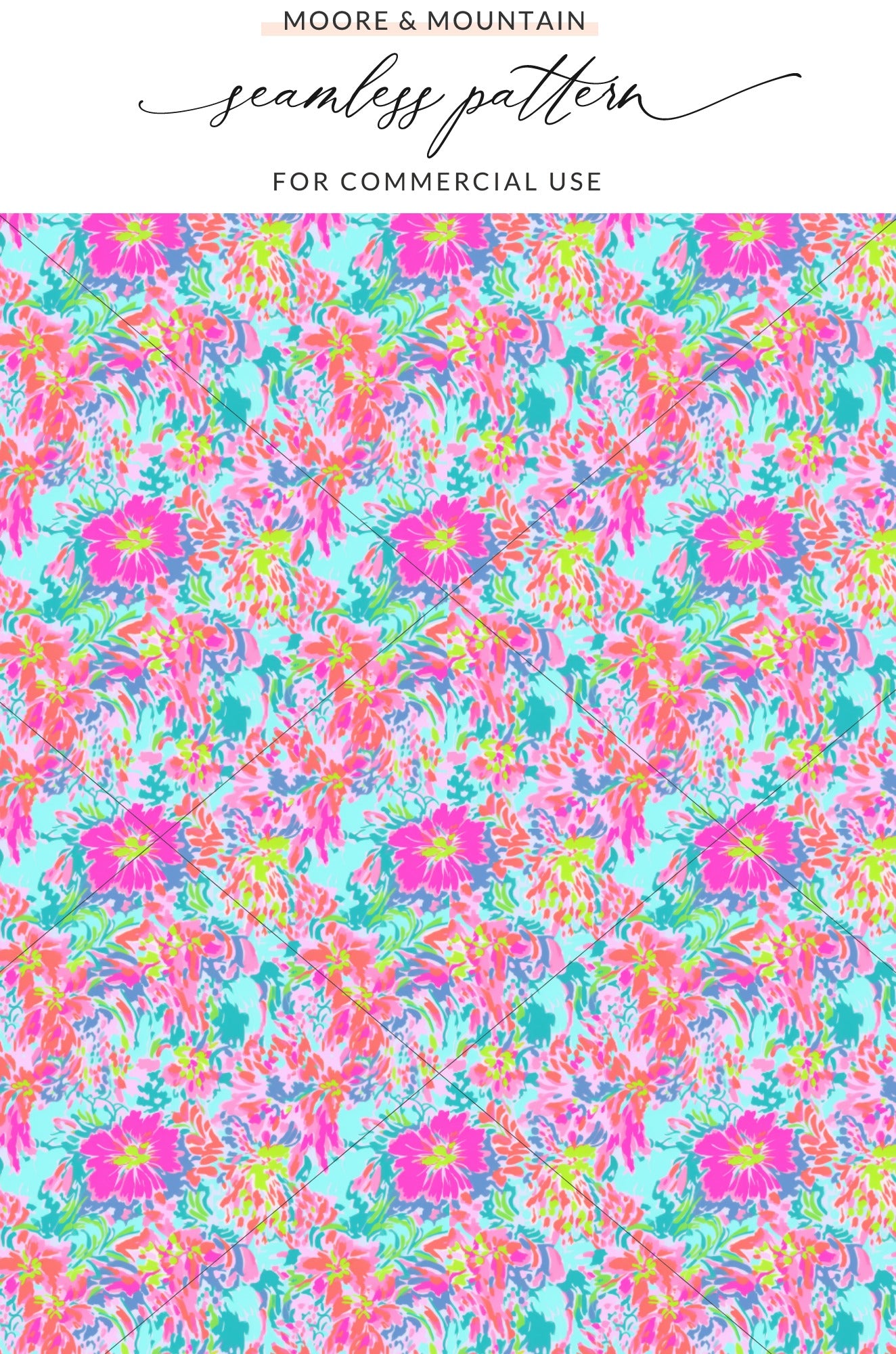 Bright floral pattern with pink, blue, and green flowers on a turquoise background.