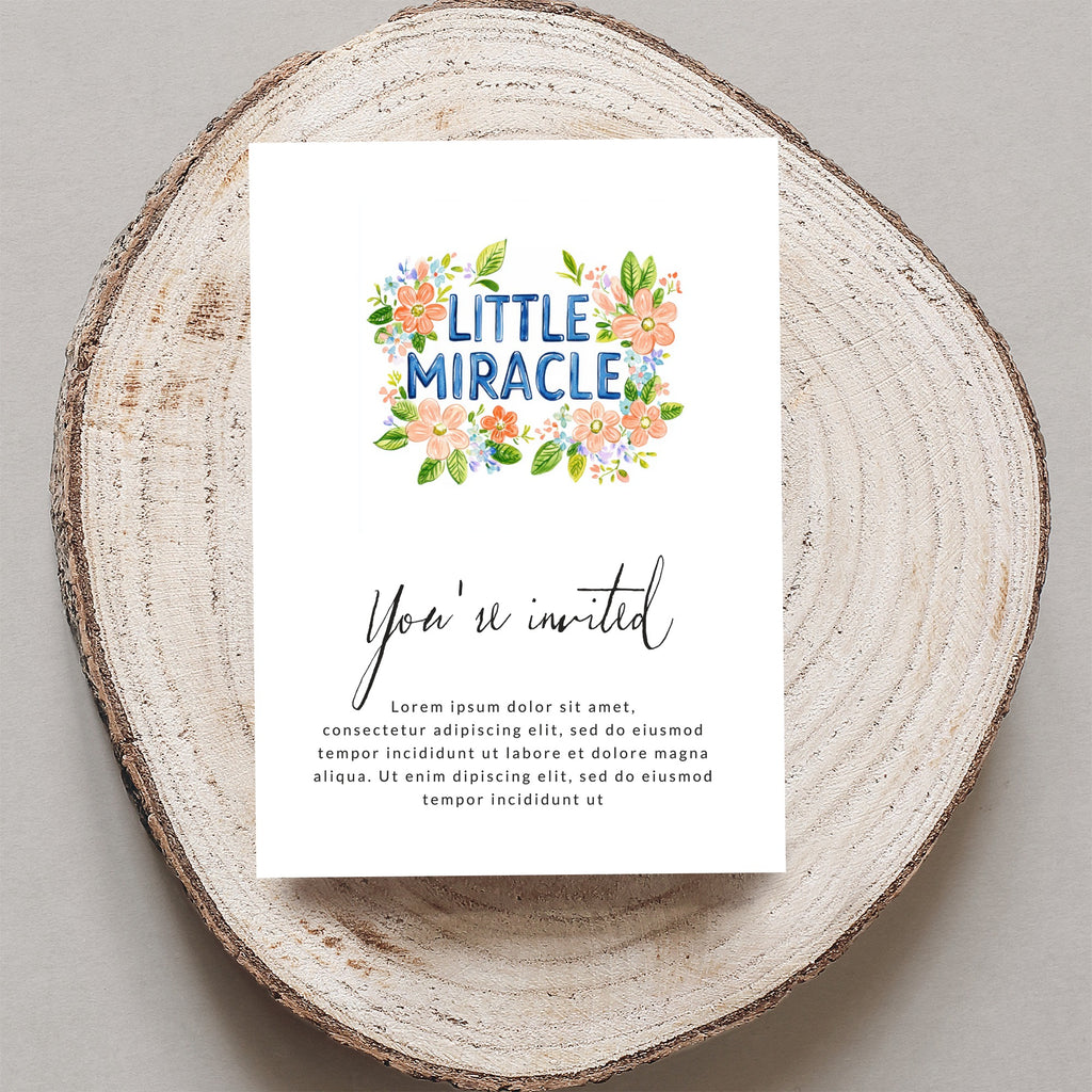 "Little Miracle" invitation with floral accents and placeholder text, "You're invited."