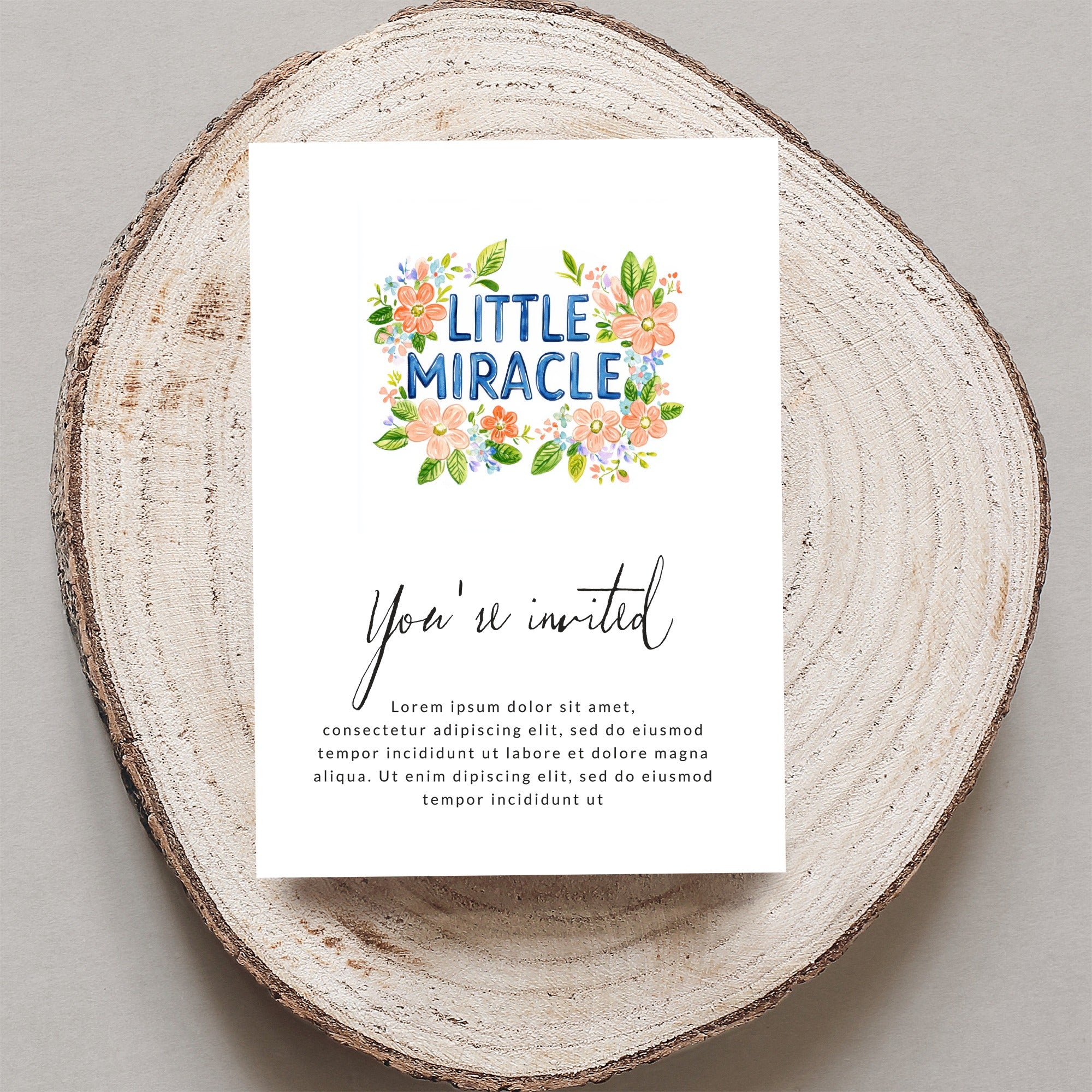 "Little Miracle" invitation with floral accents and placeholder text, "You're invited."