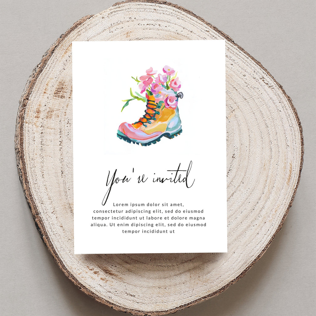 Watercolor boot with flowers, "You're invited" text, and placeholder text.