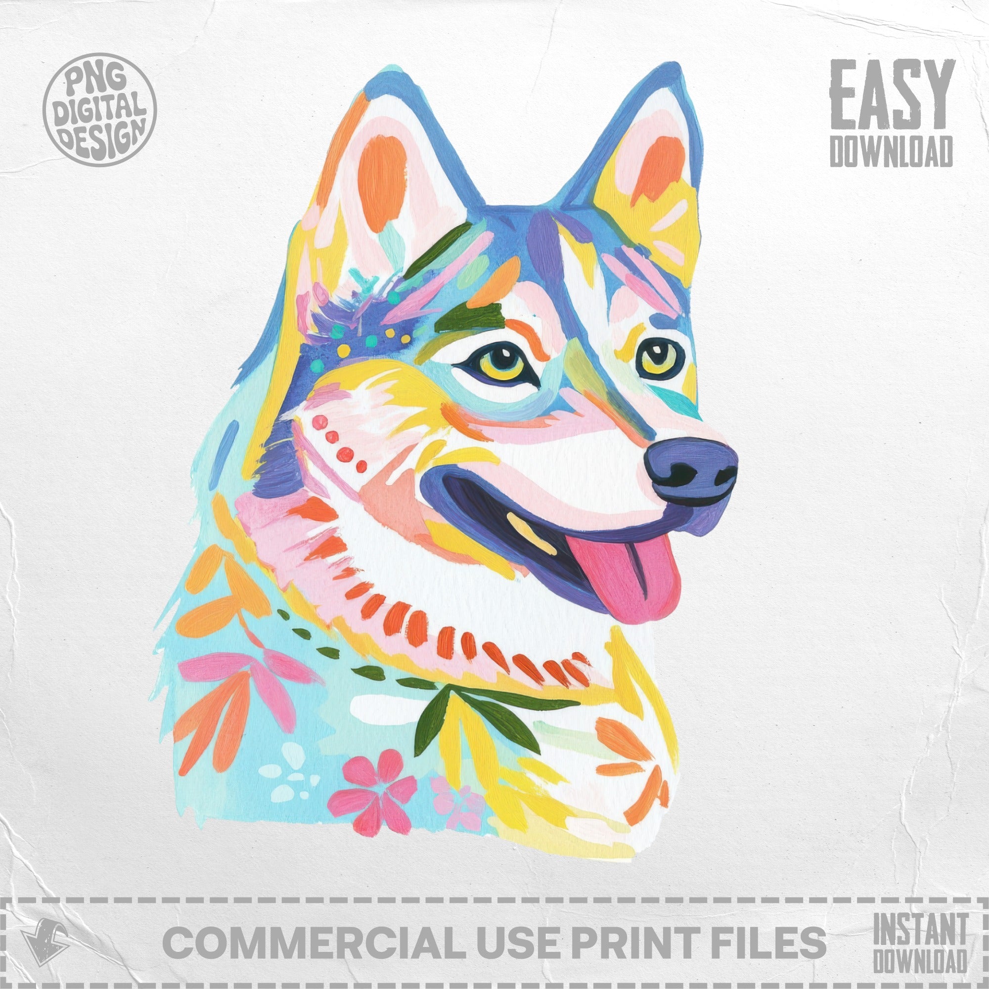 Colorful painted husky head with floral accents, easy download.