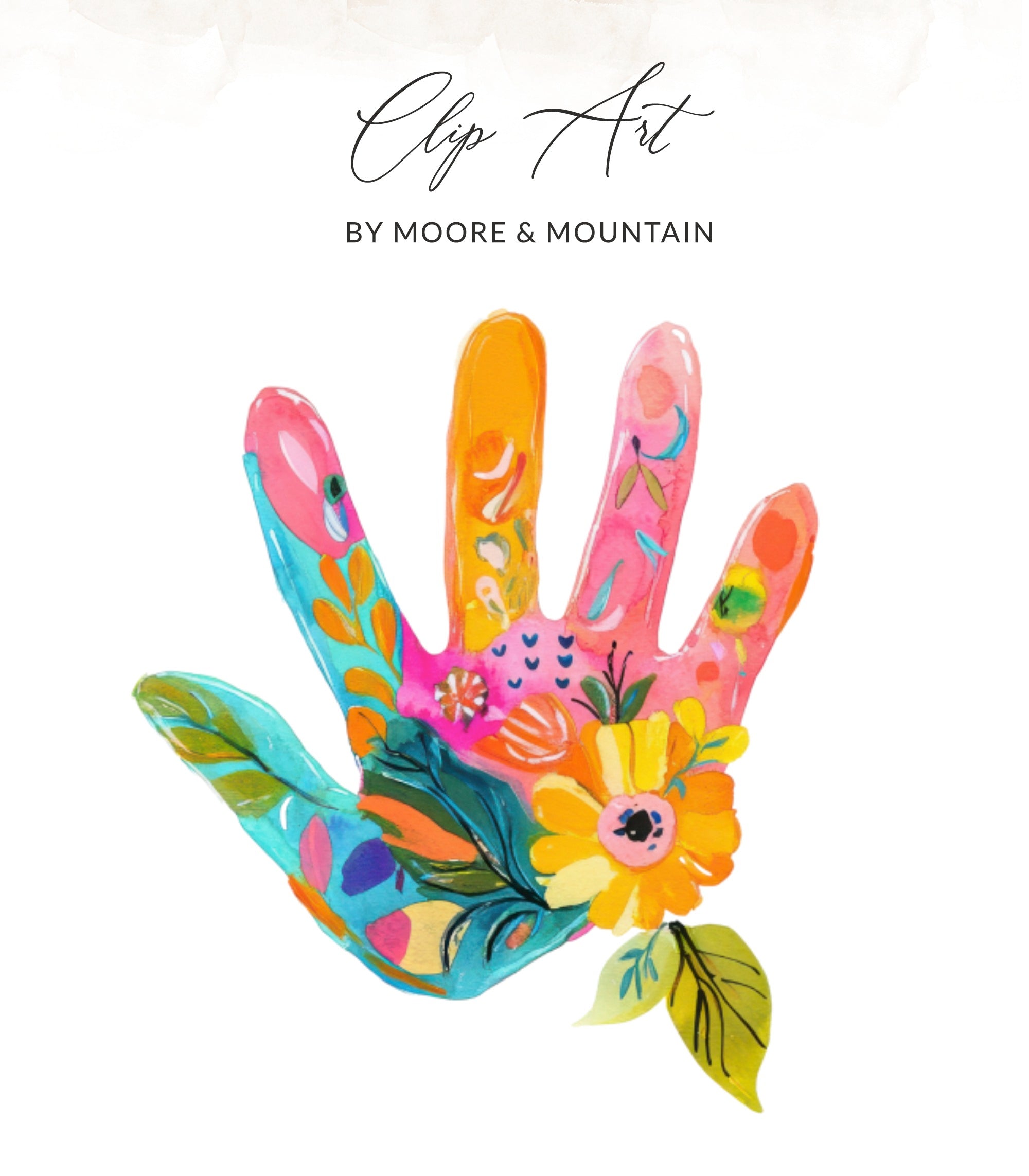Colorful floral handprint clip art with "Clip Art by Moore & Mountain" text.