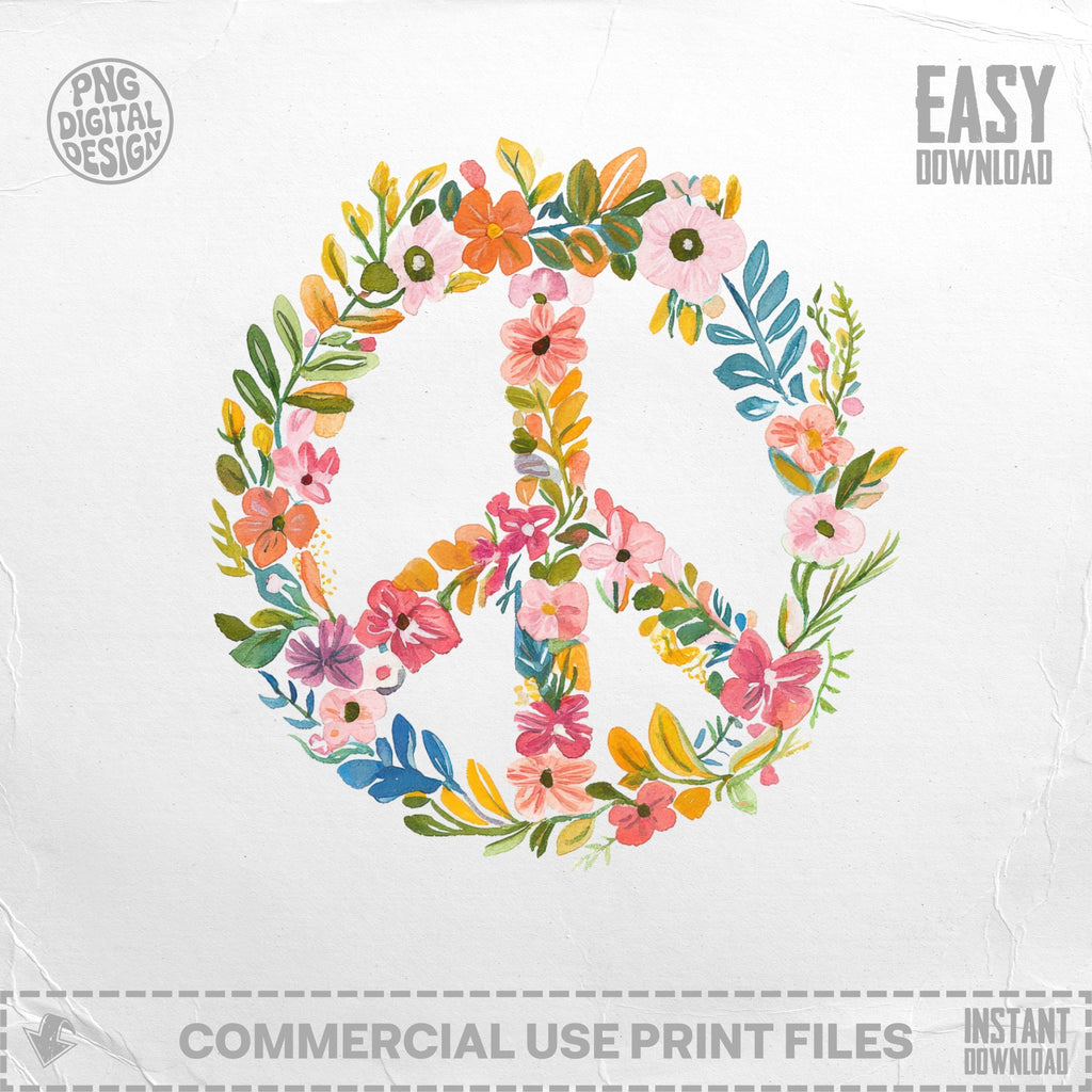 Watercolor peace sign with flowers and leaves, "Easy Download" text.