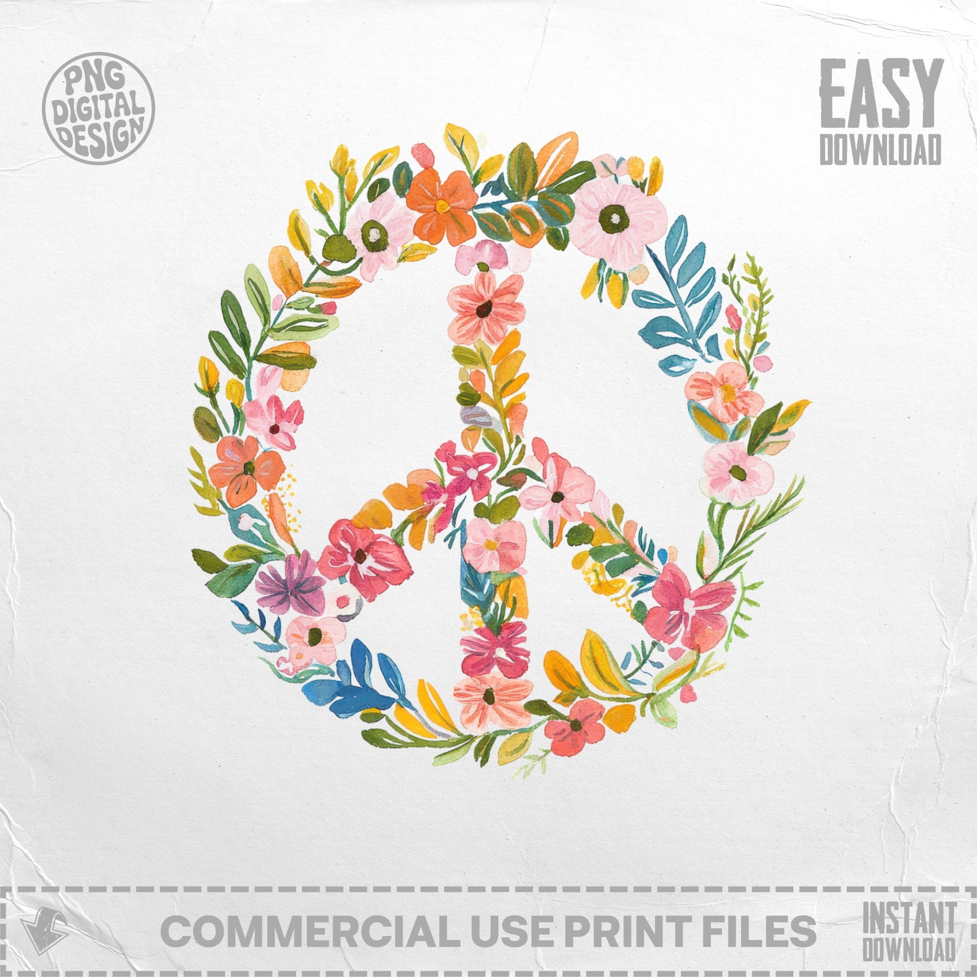 Watercolor peace sign with flowers and leaves, "Easy Download" text.