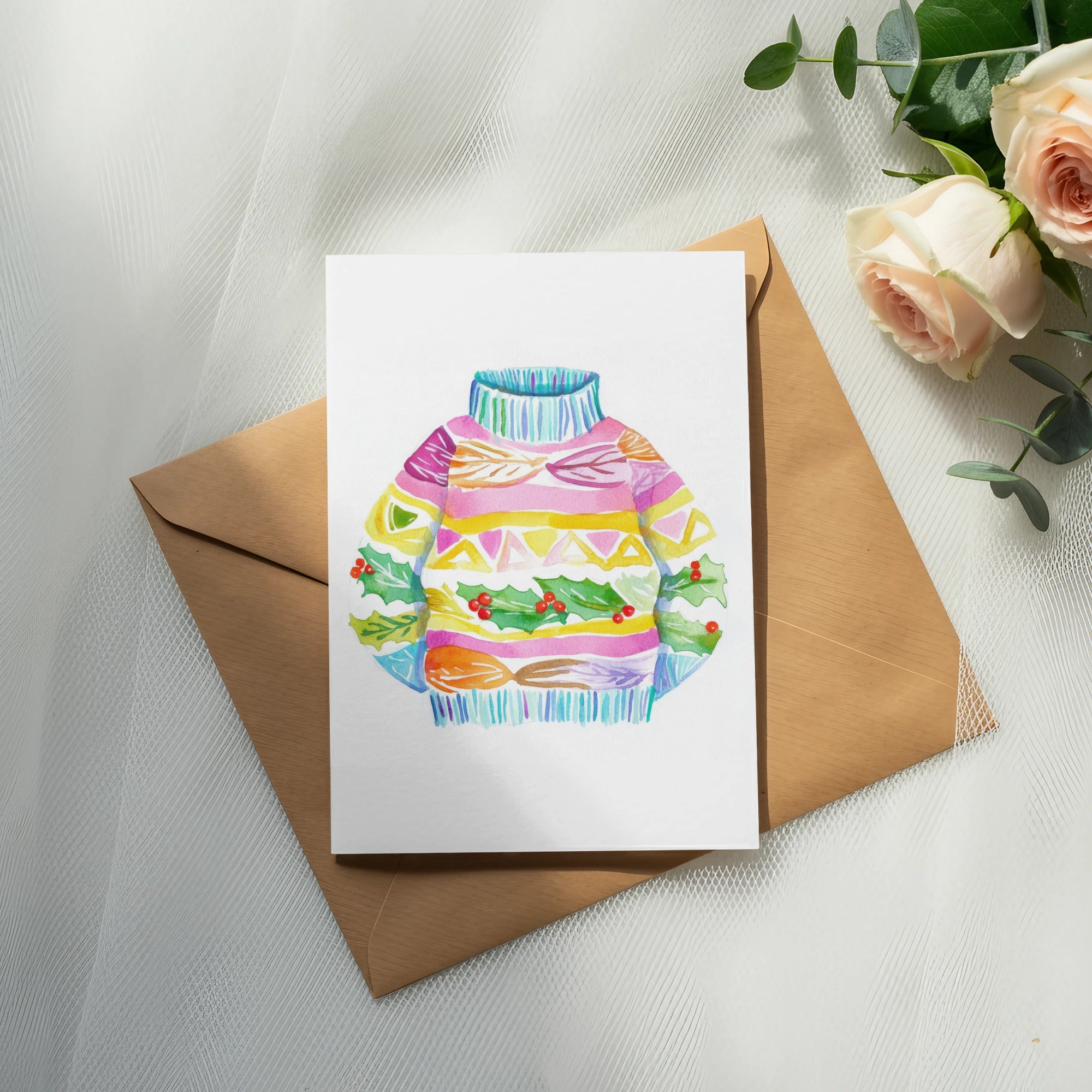 Watercolor illustration of a colorful holiday sweater with holly sprigs.