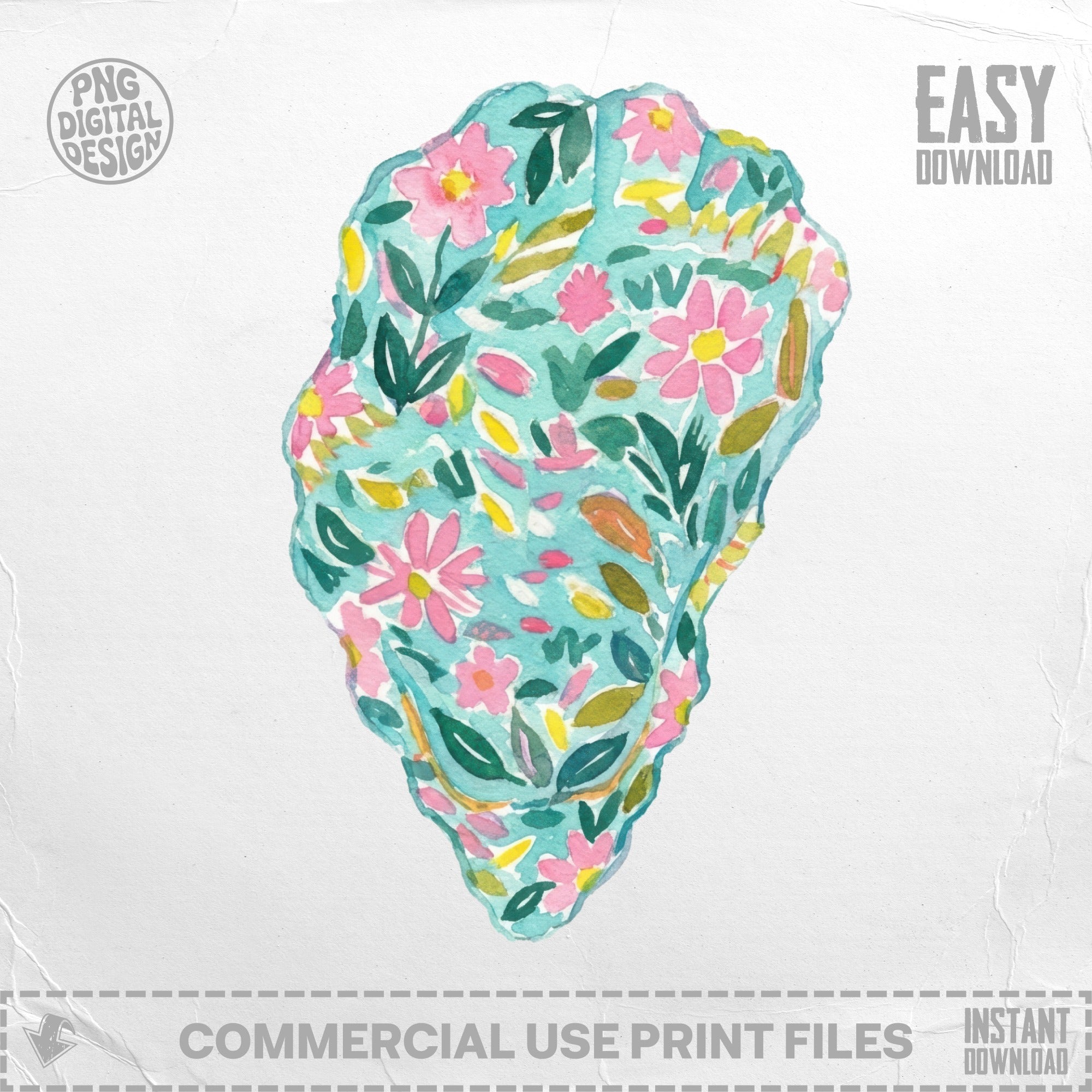 Watercolor oyster shell illustration with pink flowers and green leaves, PNG download.