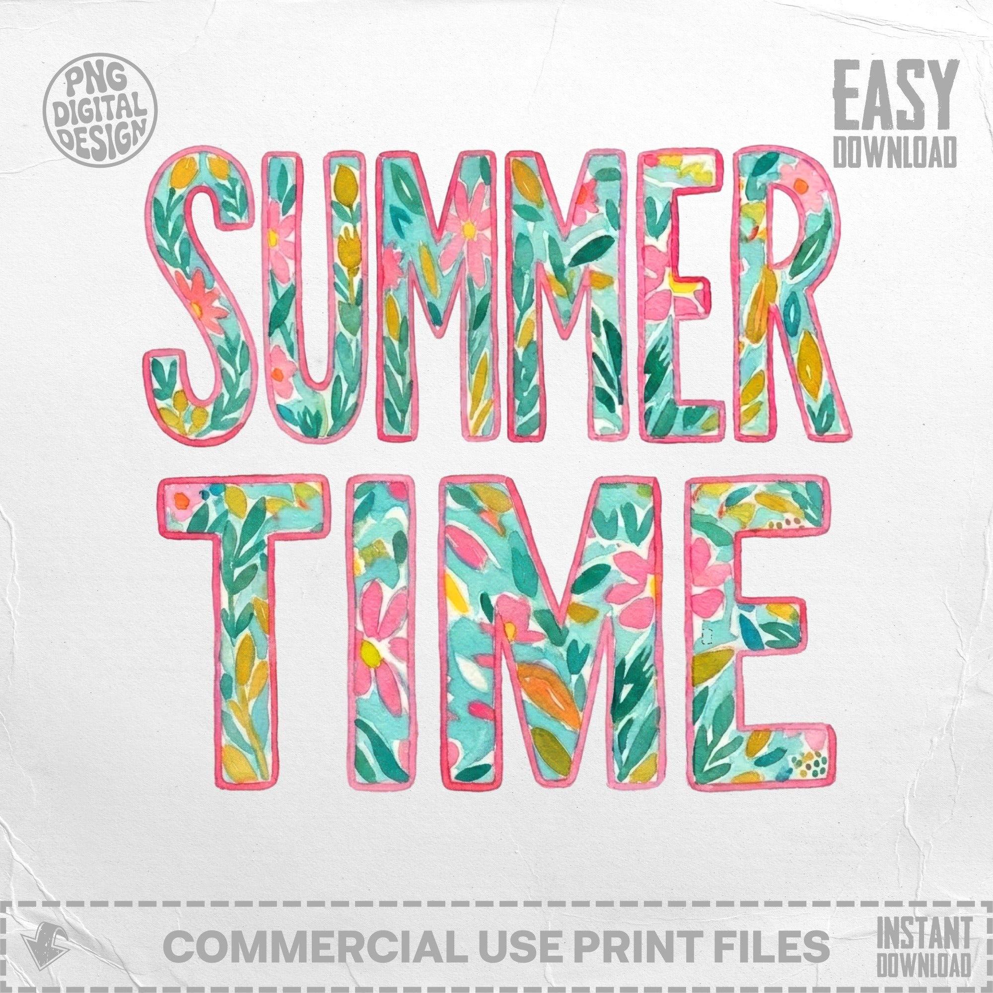 Watercolor lettering reads "SUMMER TIME" with floral accents.