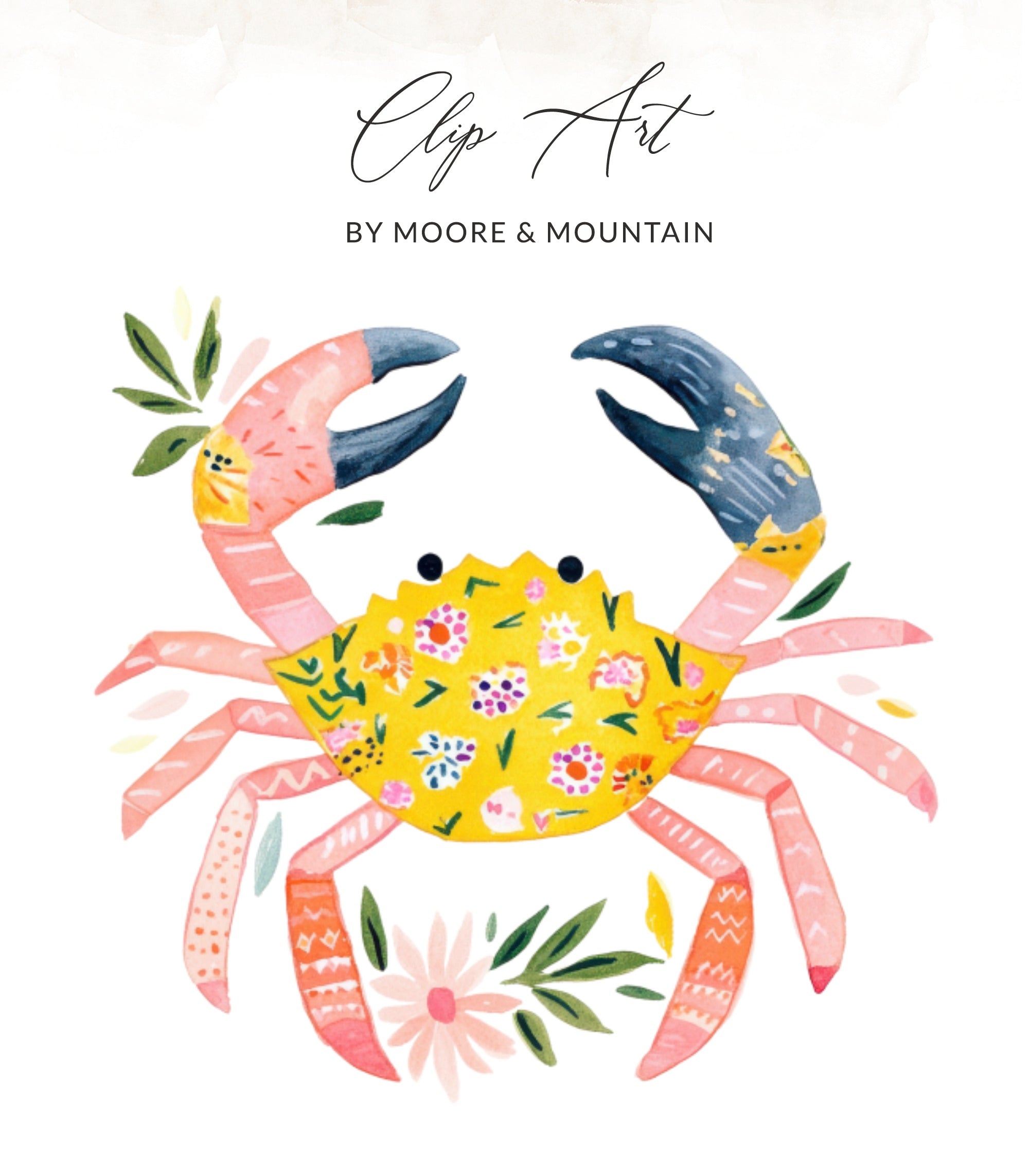 Watercolor crab with floral pattern, "Clip Art BY MOORE & MOUNTAIN" text.