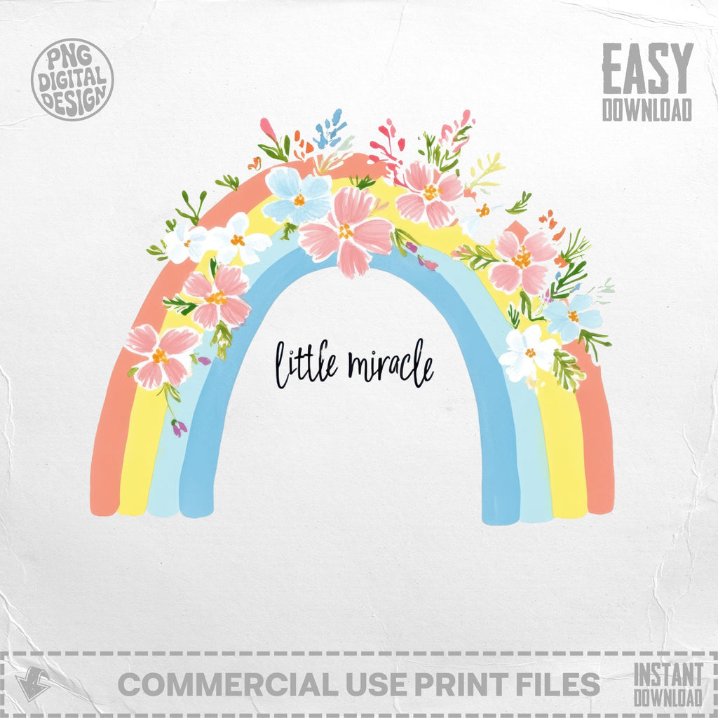 Rainbow with flowers and text "little miracle" on a white background.