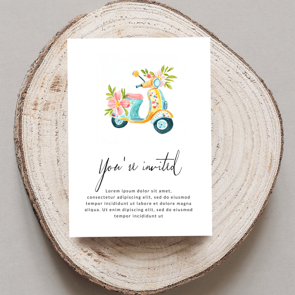 Invitation card with a watercolor scooter illustration and placeholder text.