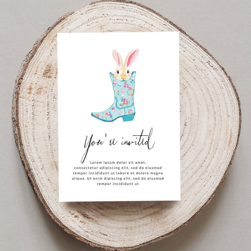 Invitation with floral cowboy boot and bunny ears, "You're invited".