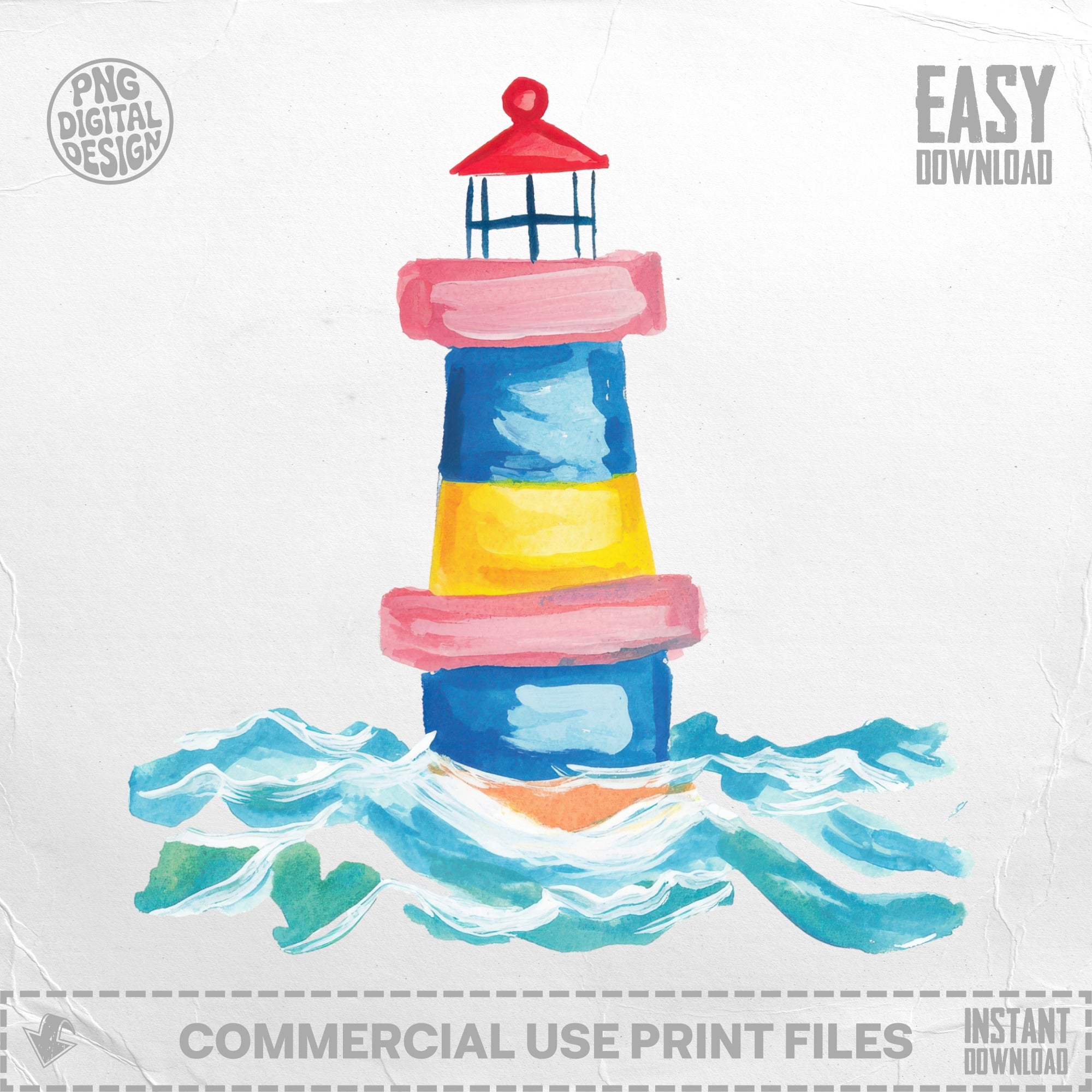 Watercolor lighthouse with blue, yellow, and pink bands on blue waves.