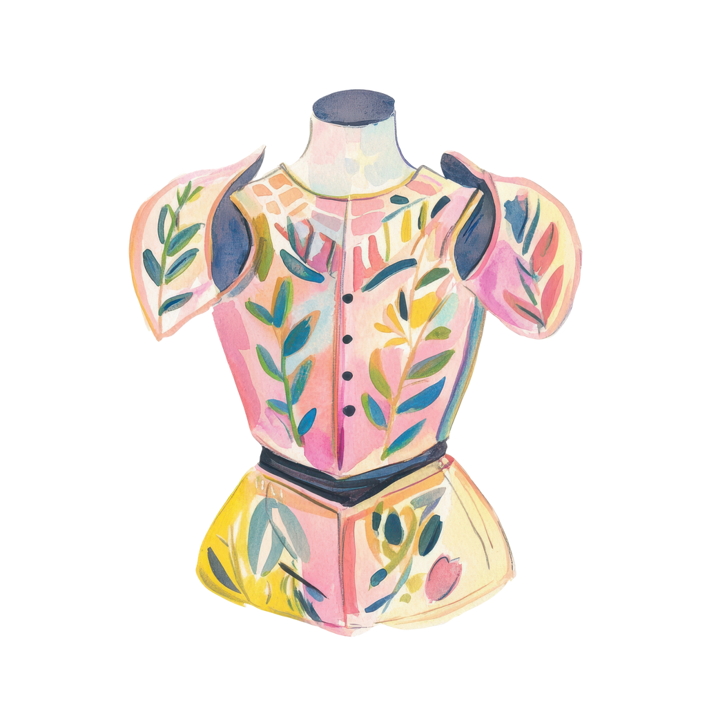 Watercolor illustration of a pink and yellow patterned bodice with shoulder detailing.