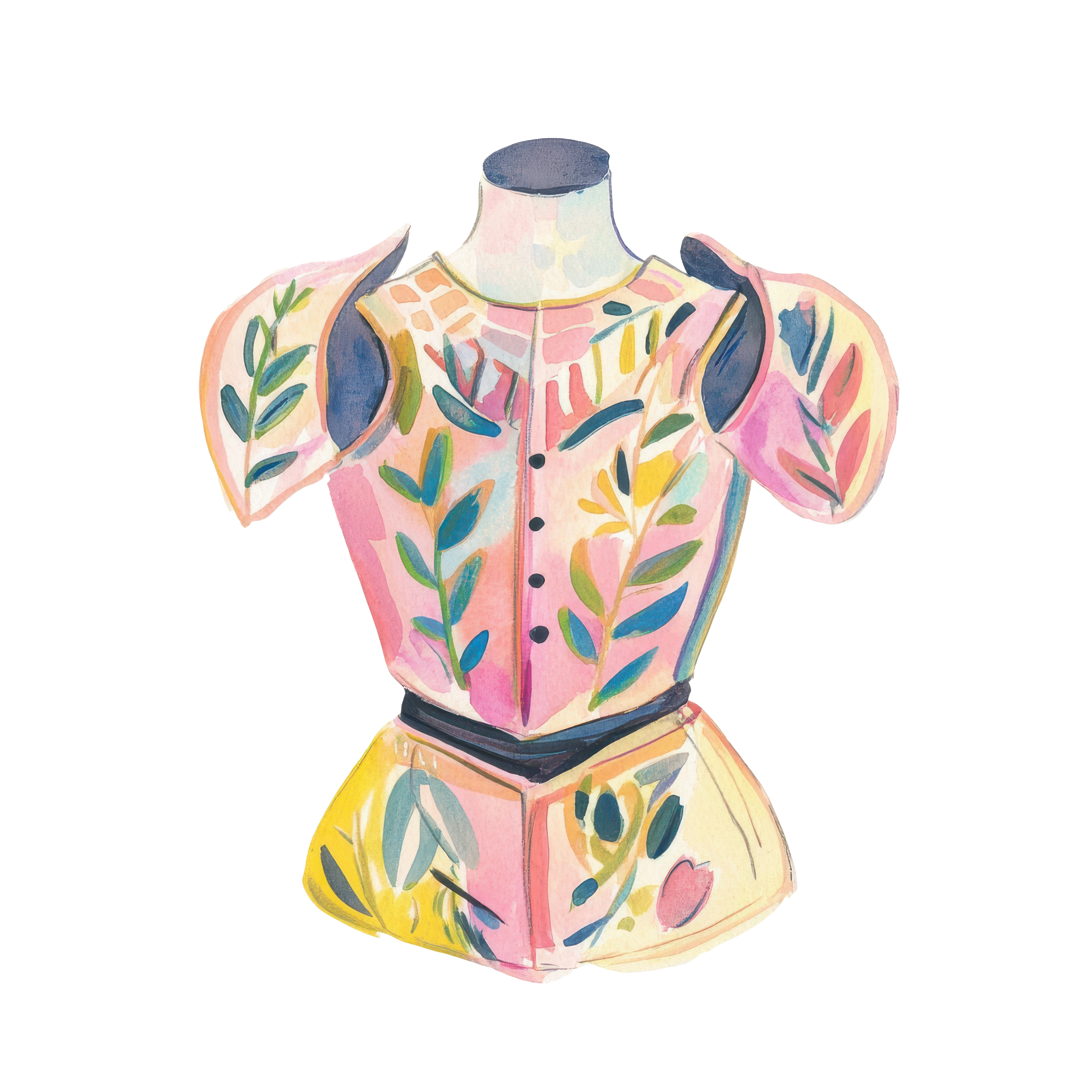 Watercolor illustration of a pink and yellow patterned bodice with shoulder detailing.