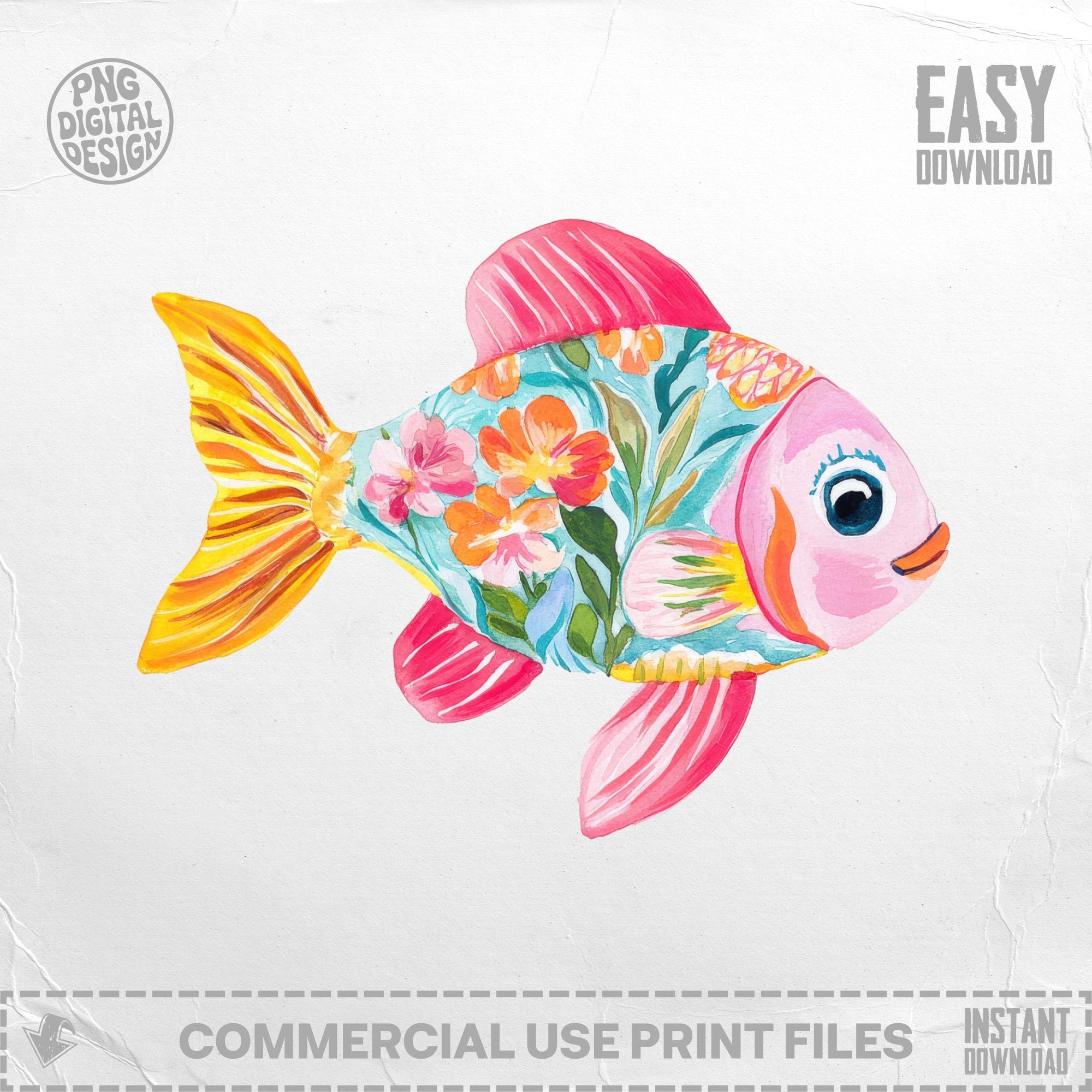 Pink and blue fish with floral pattern and orange tail.