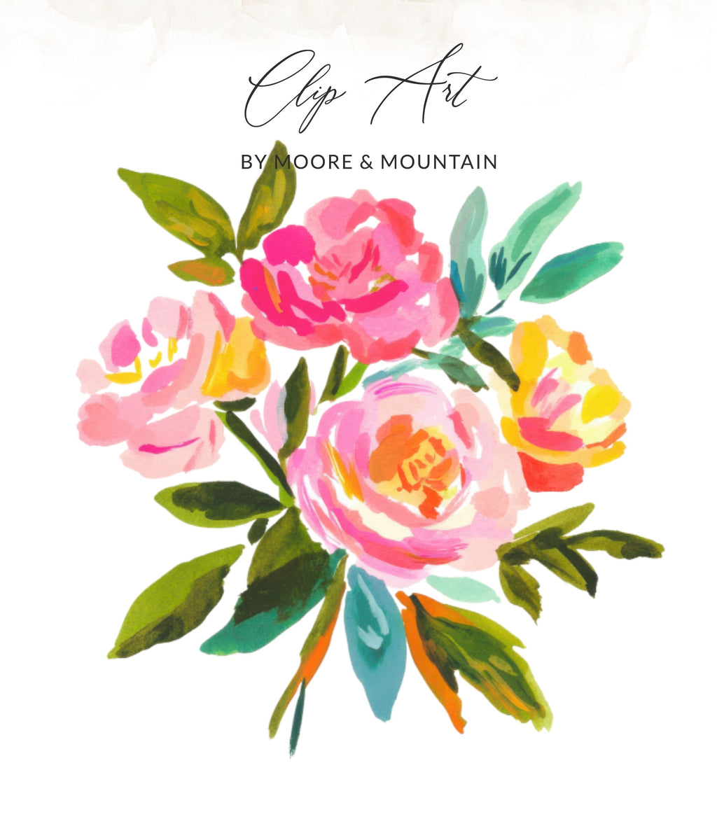 Watercolor floral bouquet with text "Clip Art by Moore & Mountain".