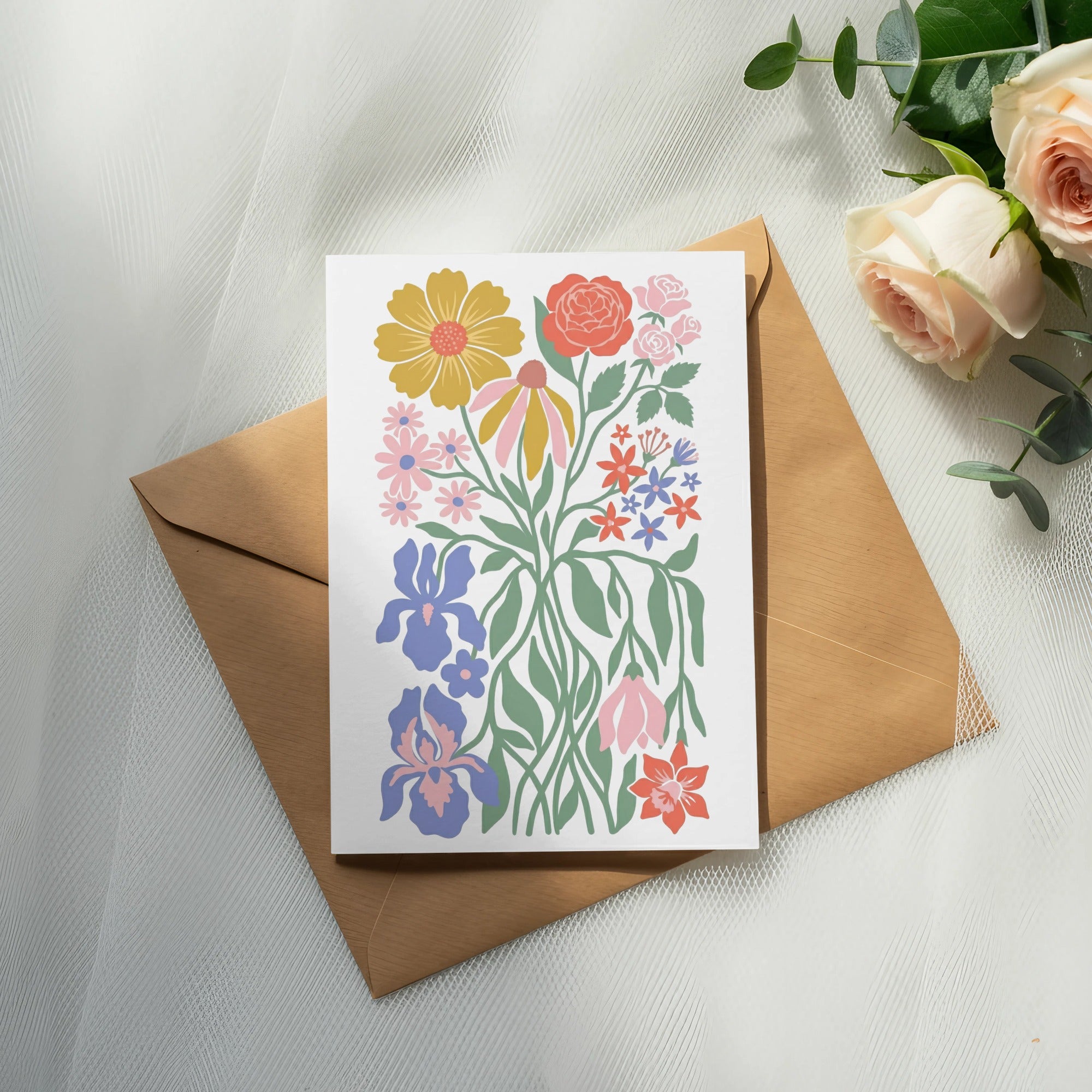 Greeting card with a colorful floral design on a brown envelope.
