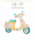 Pink and yellow floral scooter illustration with "Clip Art" text above.