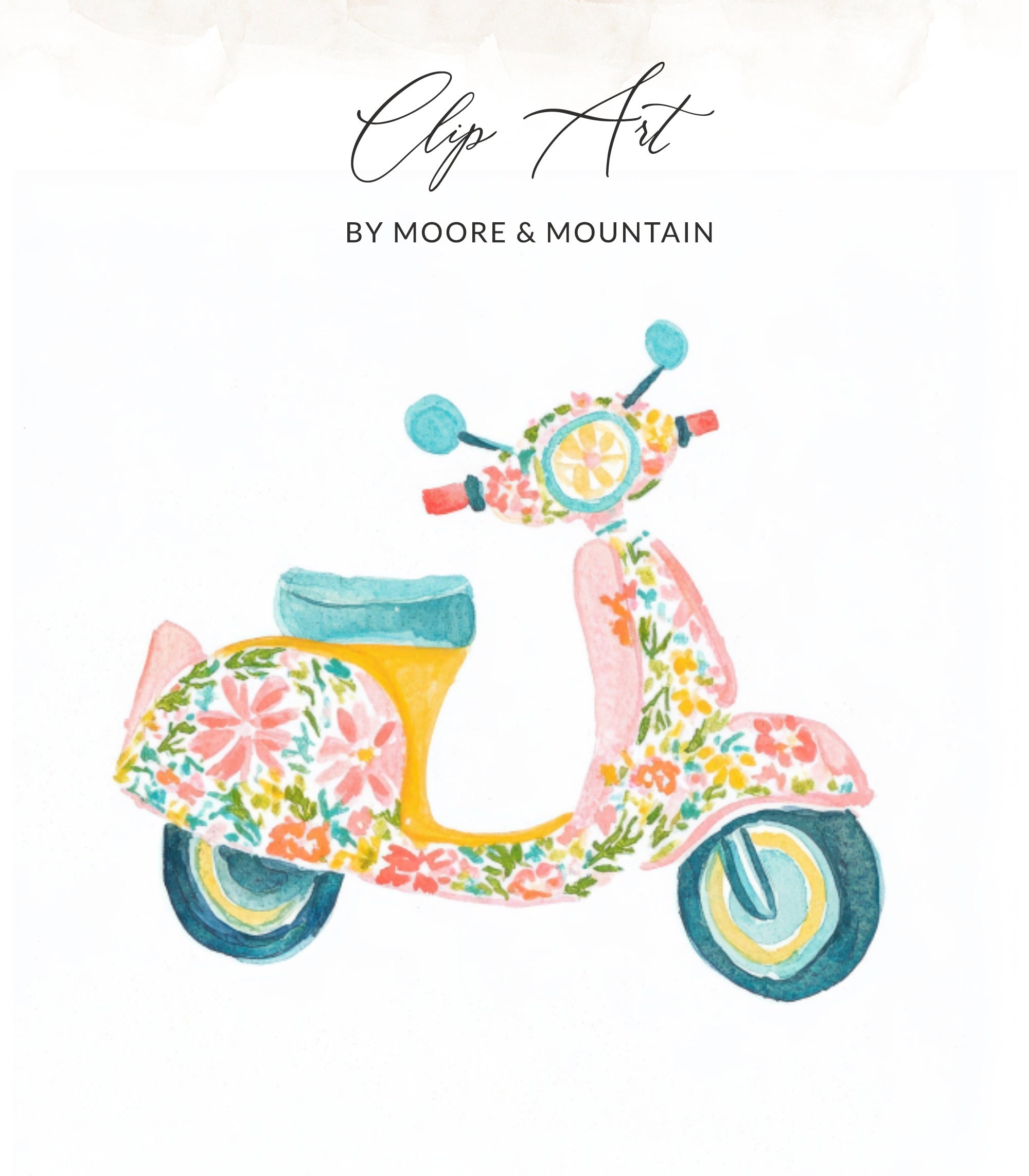 Pink and yellow floral scooter illustration with "Clip Art" text above.