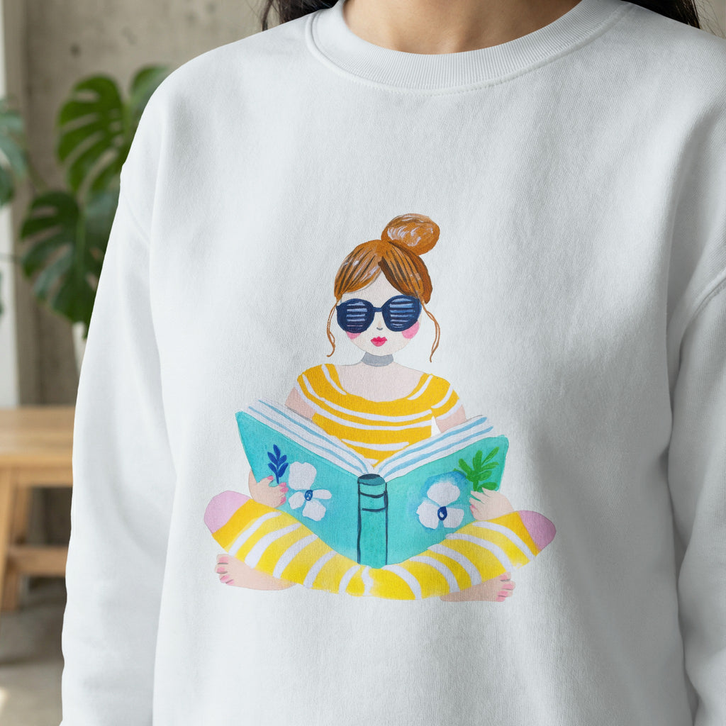 Illustration of a person reading a book wearing striped shirt and pants.