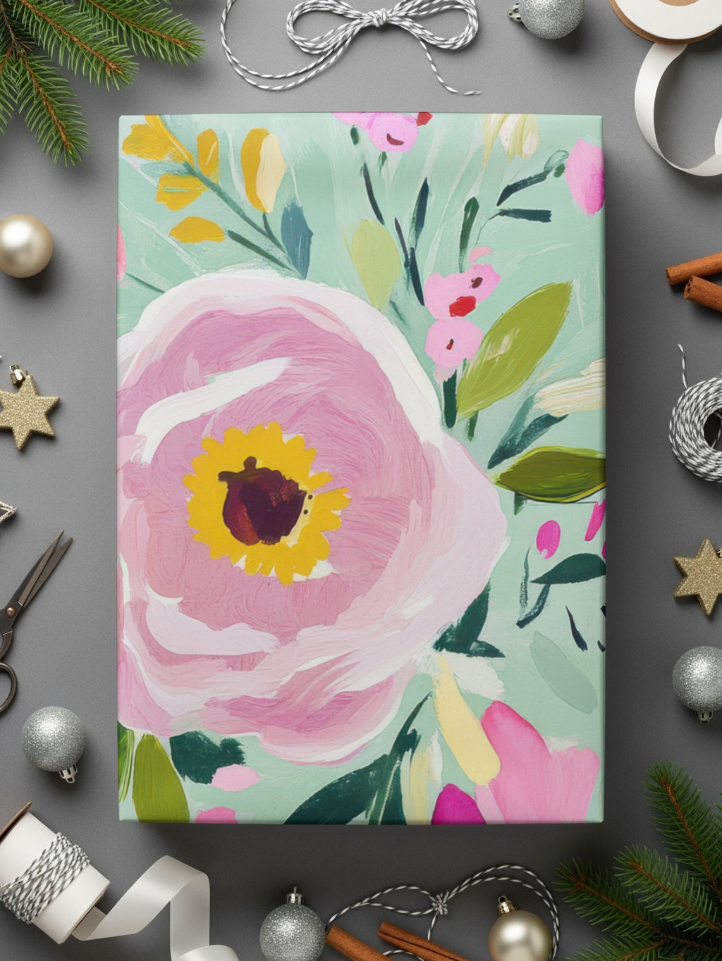Abstract Floral Seamless Pattern Digital, Spring Ditsy Green Pink Yellow Flowers, Modern Gouache Painted Fine Art Floral Print, Digital