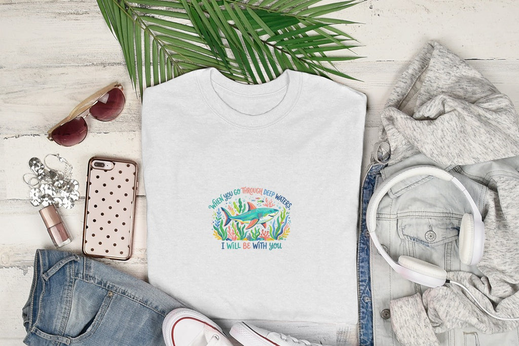 White t-shirt with colorful shark and coral graphic.