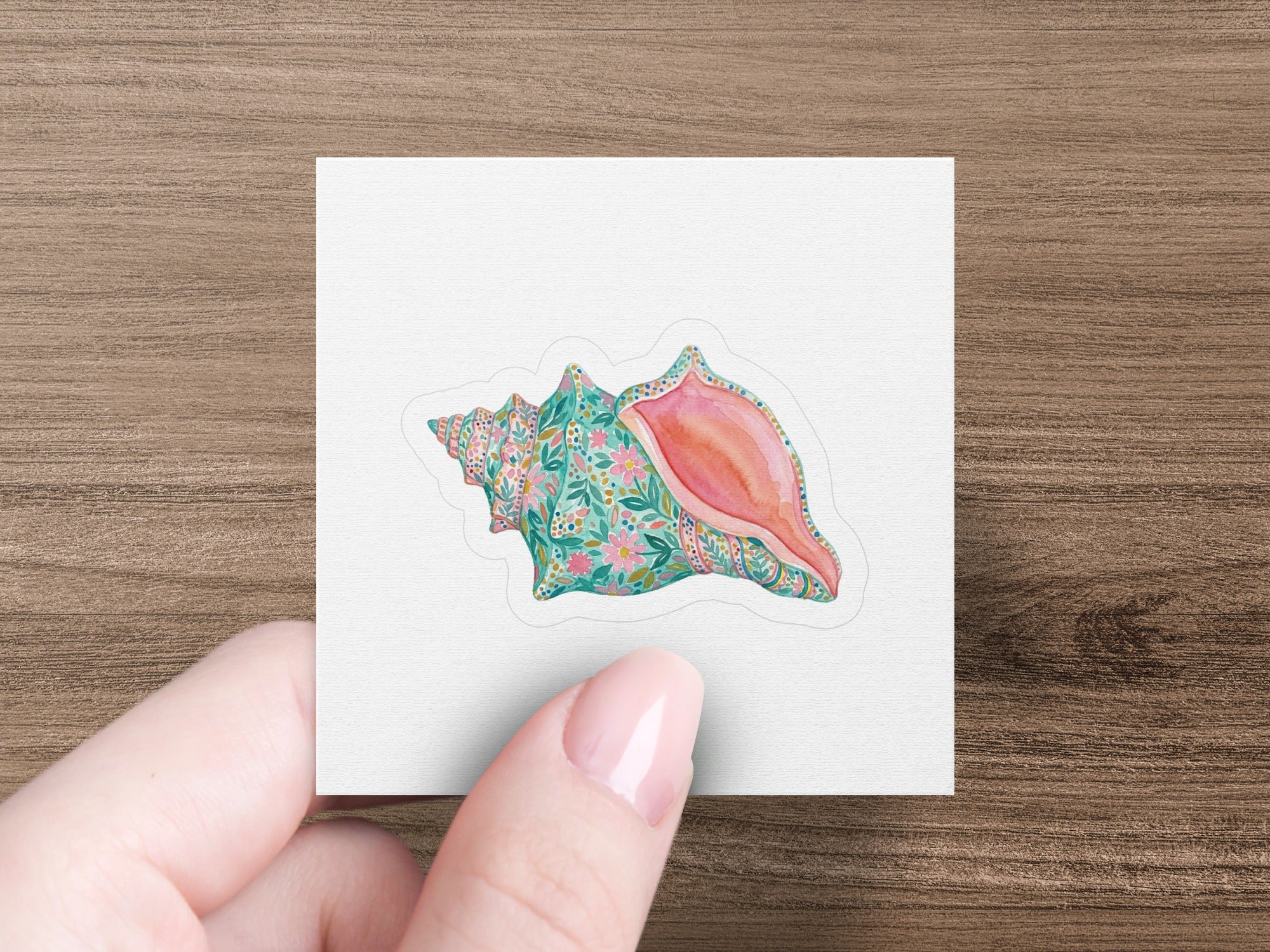 Pink and teal patterned seashell sticker on a white square.