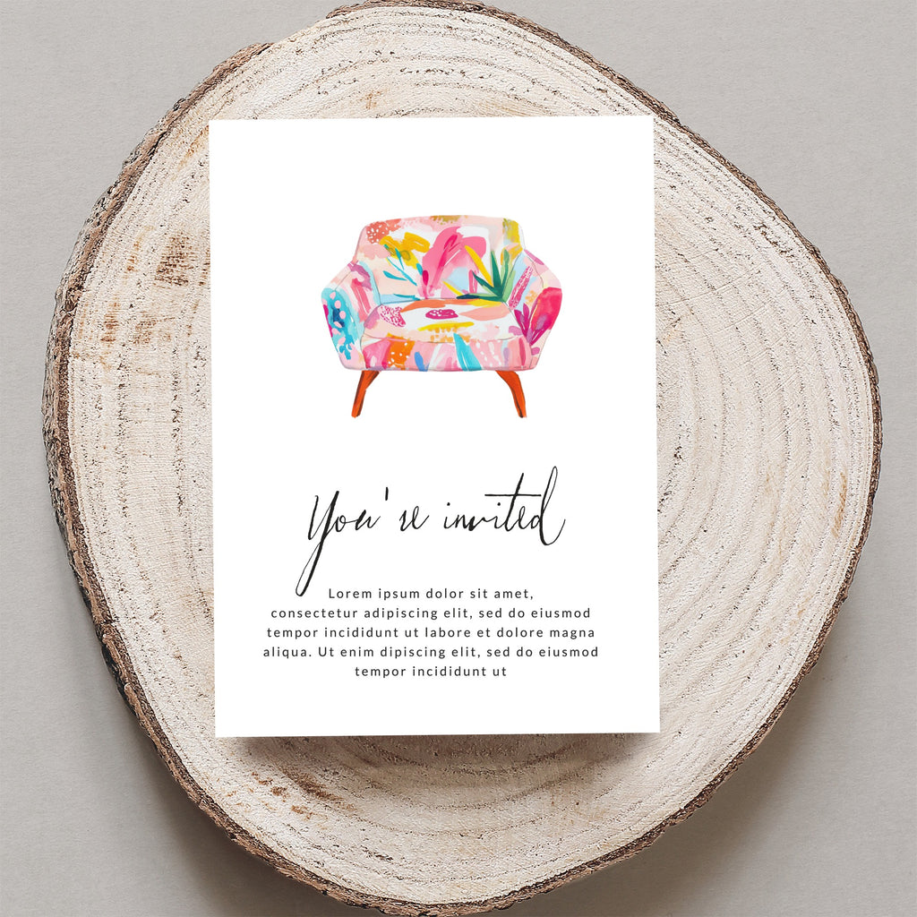 Invitation card with "You're invited" and floral armchair illustration.