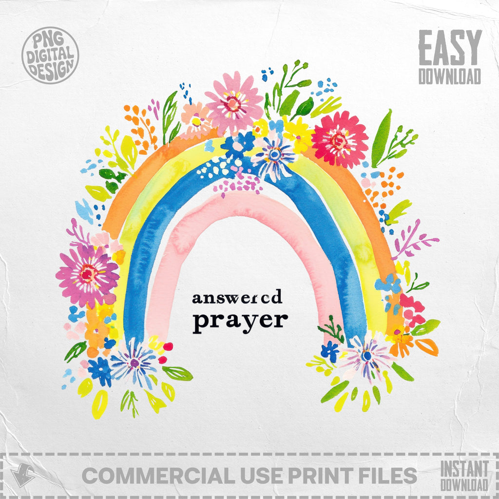 Watercolor rainbow with floral accents and "answered prayer" text.