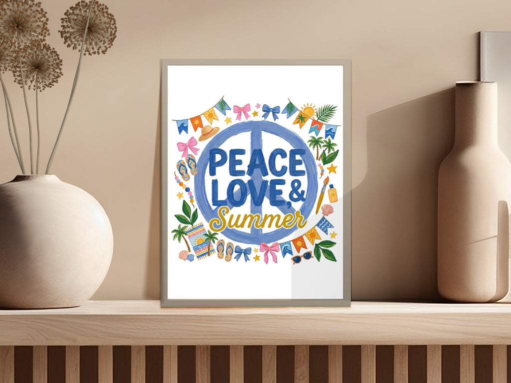 Framed art with "Peace Love & Summer" and beach-themed graphics.