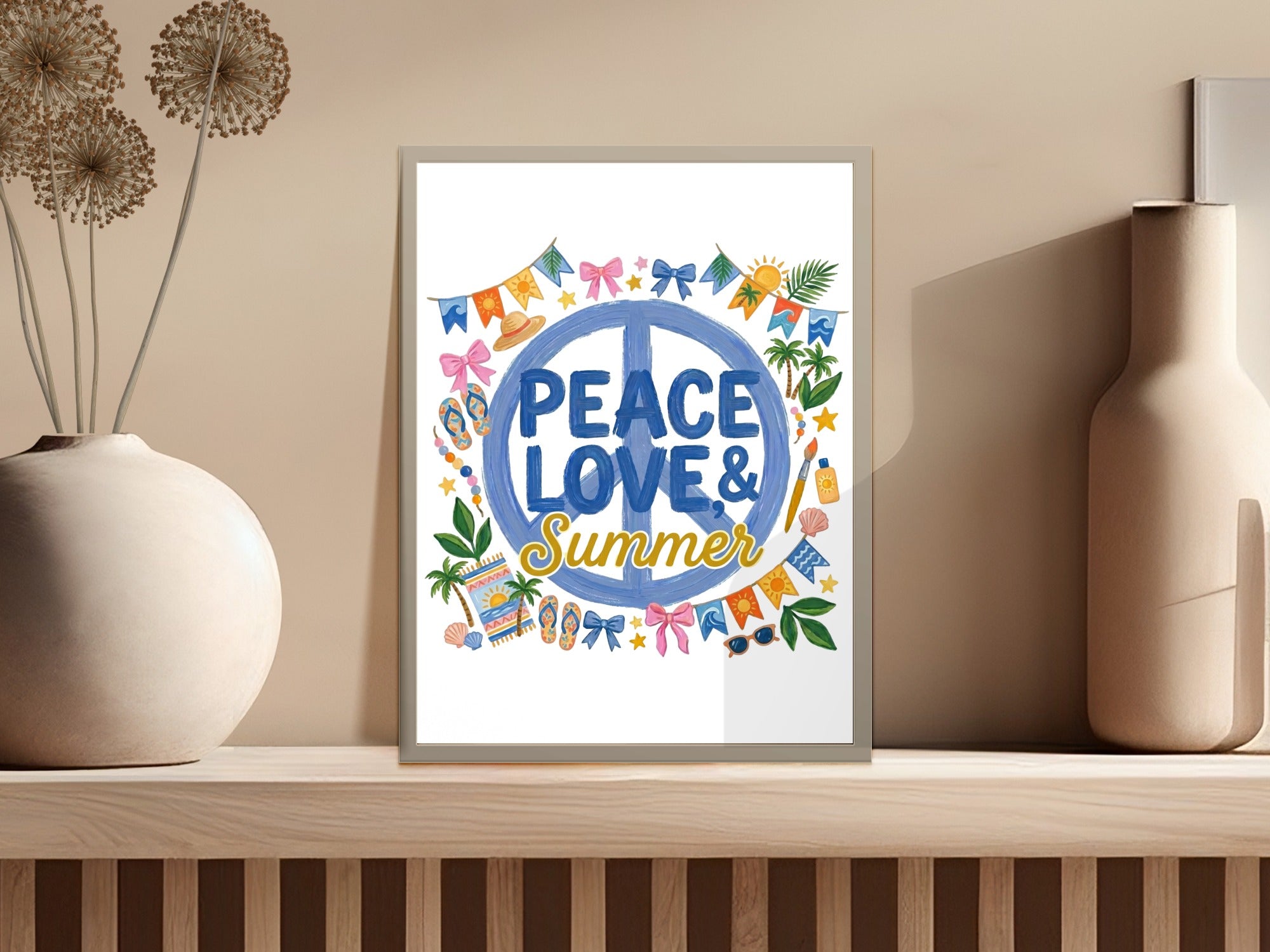Framed art with "Peace Love & Summer" and beach-themed graphics.