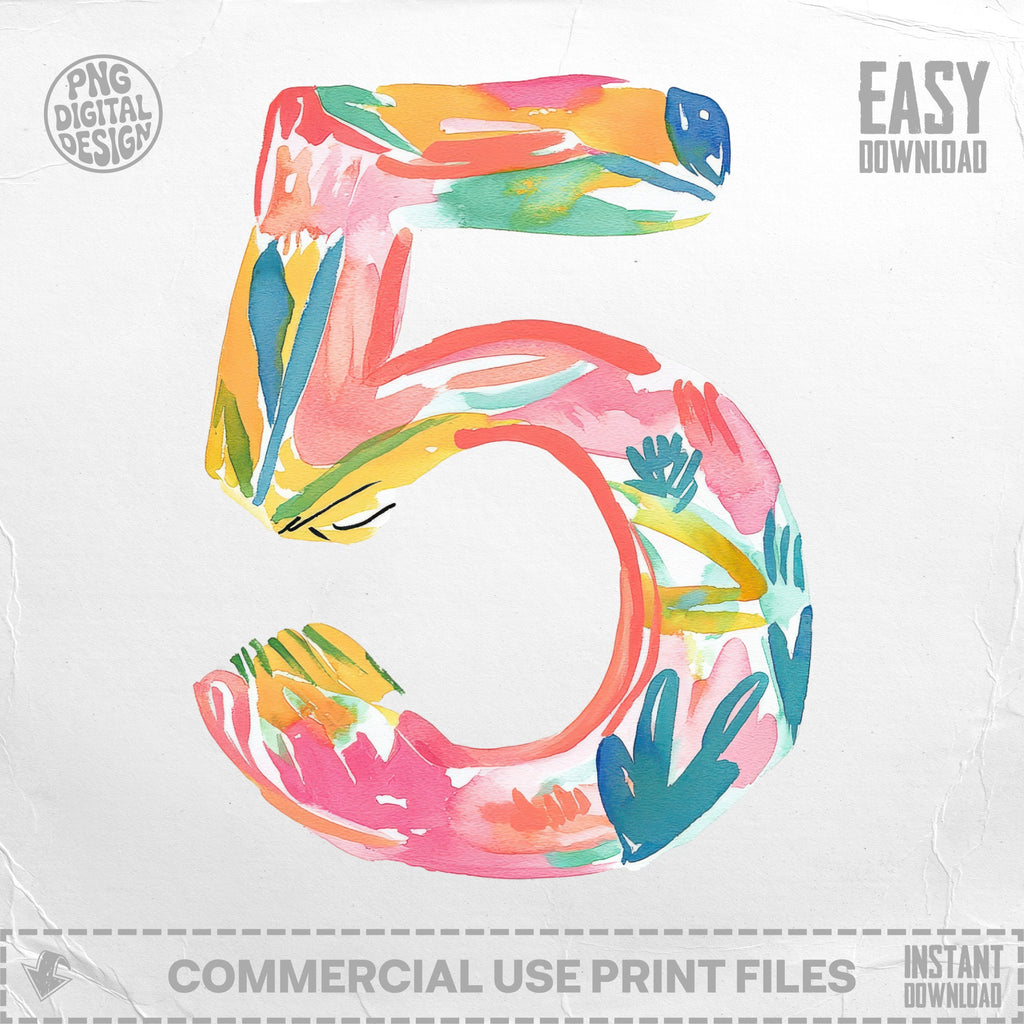 Colorful watercolor number 5 with "easy download" text.