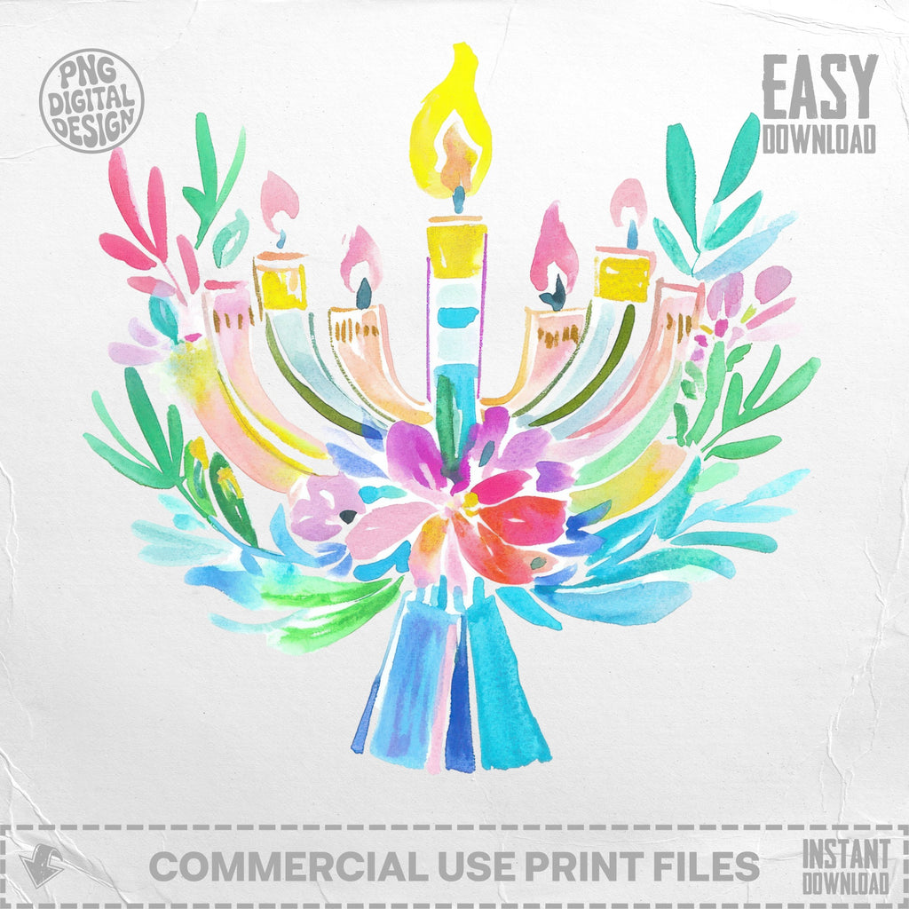 Watercolor menorah with colorful floral accents and "Easy Download" text.