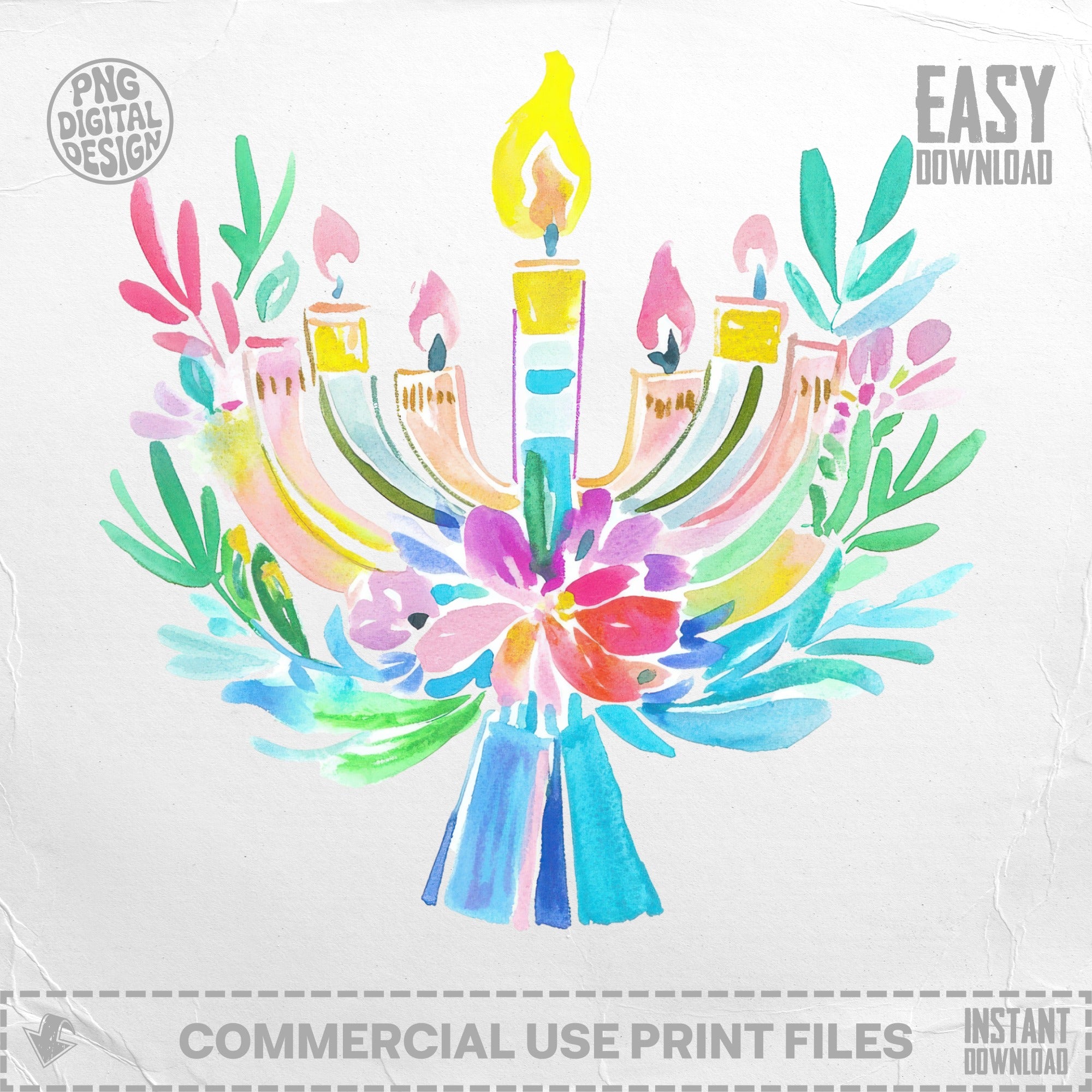 Watercolor menorah with colorful floral accents and "Easy Download" text.
