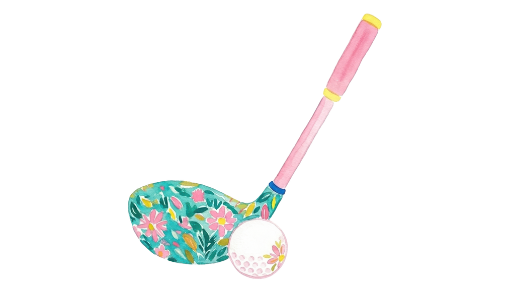 Pink golf club with floral pattern and ball.