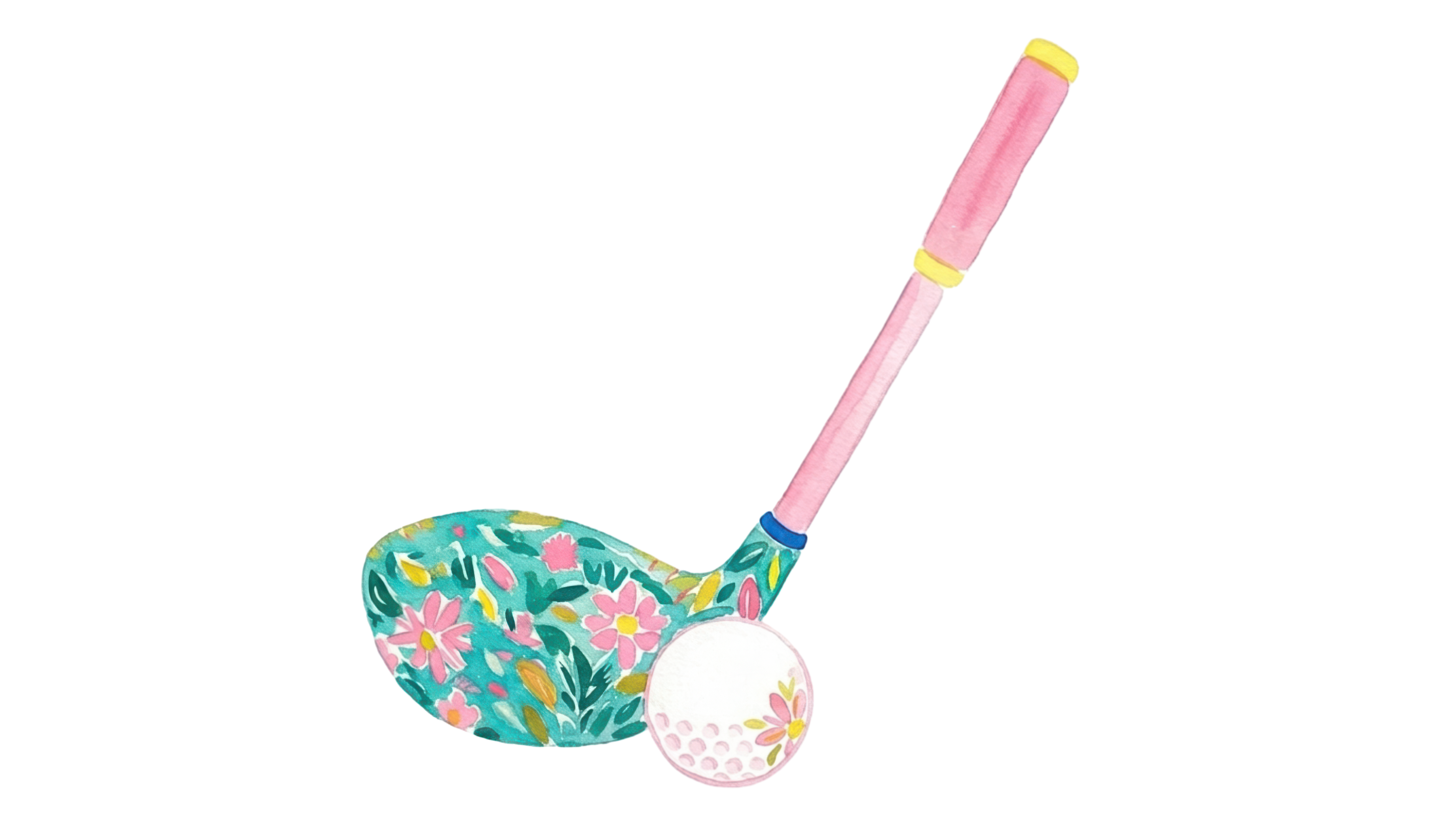Pink golf club with floral pattern and ball.
