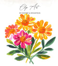 Watercolor flowers in pink, orange, and yellow with green leaves.