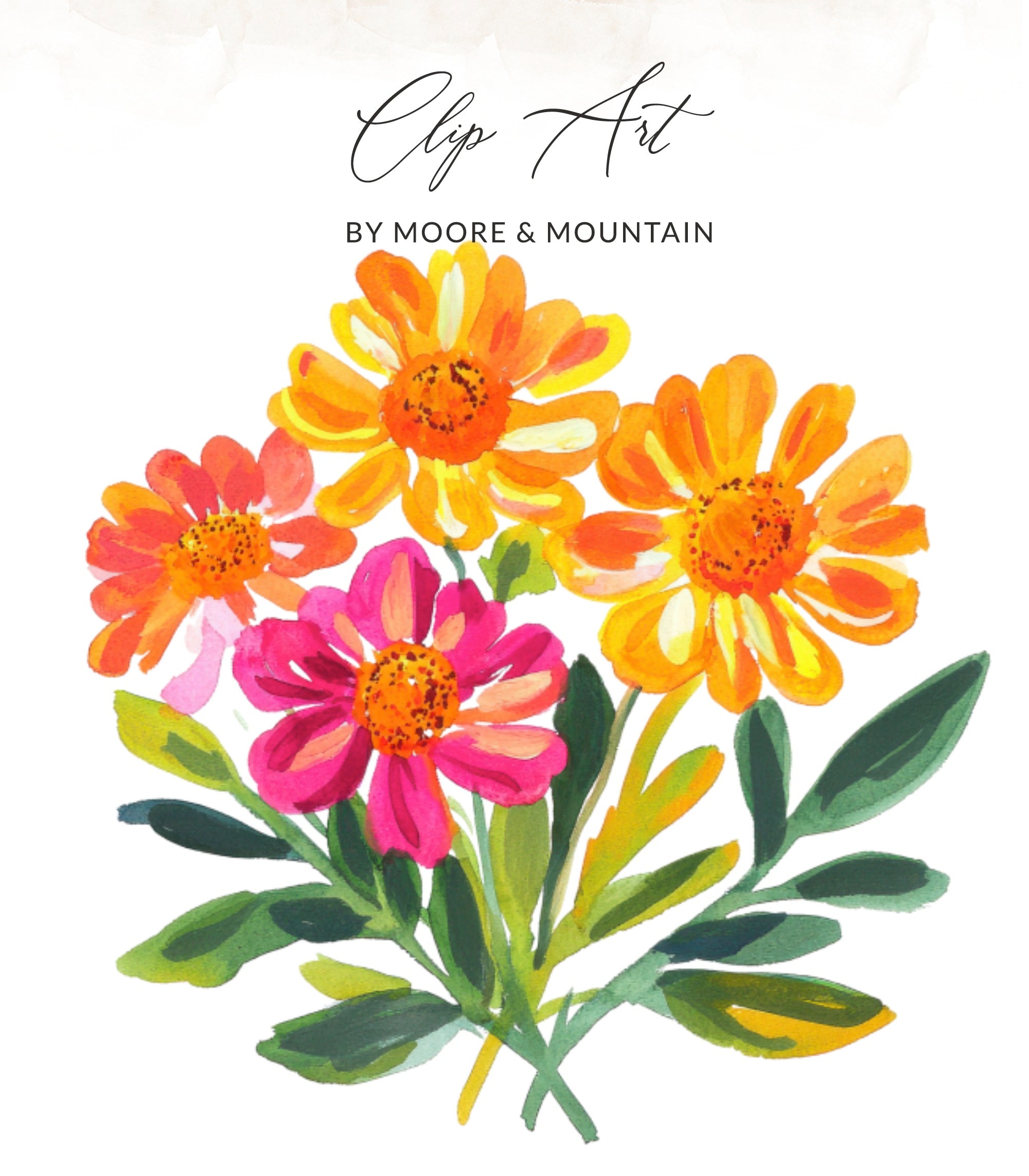 Watercolor flowers in pink, orange, and yellow with green leaves.