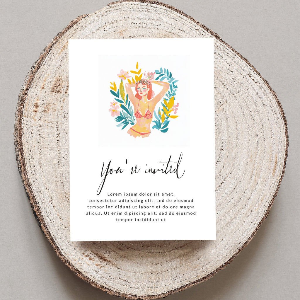 Invitation with watercolor illustration of a woman in a bikini, reading "You're invited."