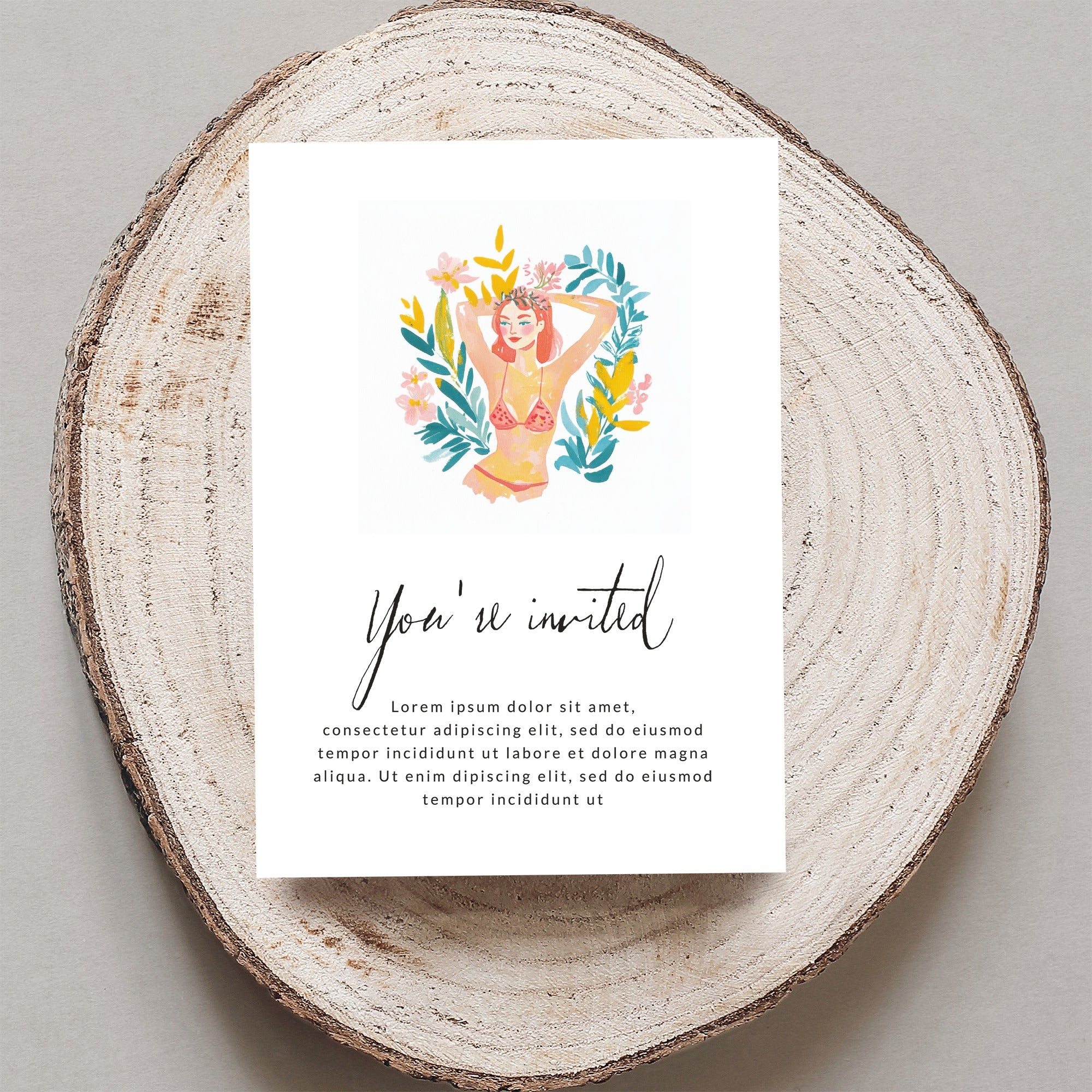 Invitation with watercolor illustration of a woman in a bikini, reading "You're invited."