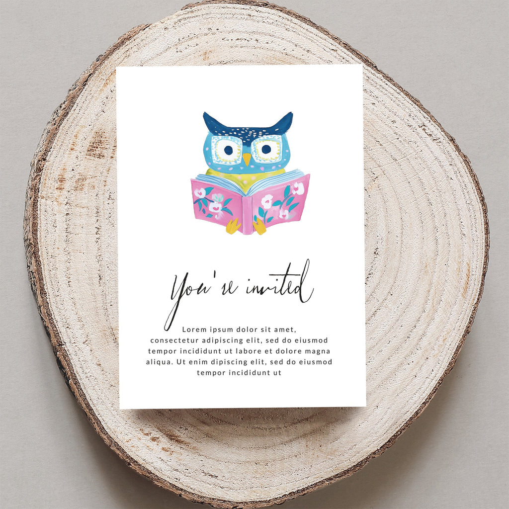 Owl reading book invitation with "You're invited" text.