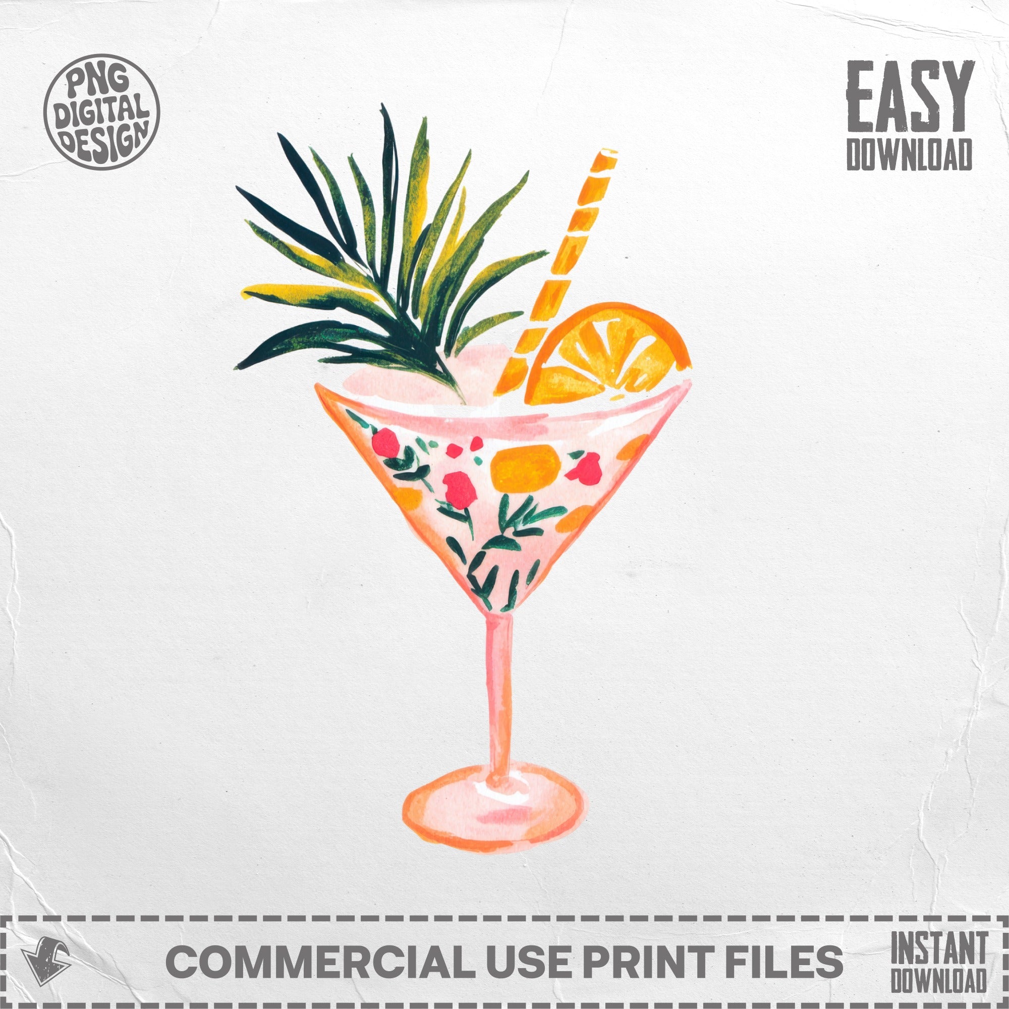 Watercolor cocktail glass with orange slice, straw, and floral pattern.
